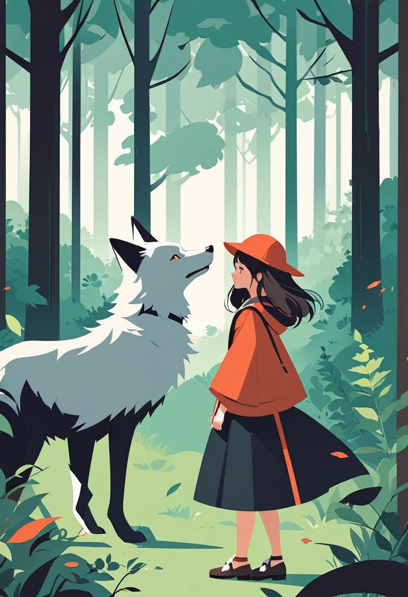 cover page, A girl and a wolf meet in the forest, flat Design, vector illustrations,