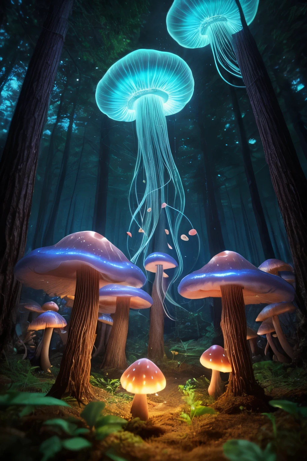 A jellyfish forest with mushrooms glowing in the dark, a forest fantasy in a nature scenery