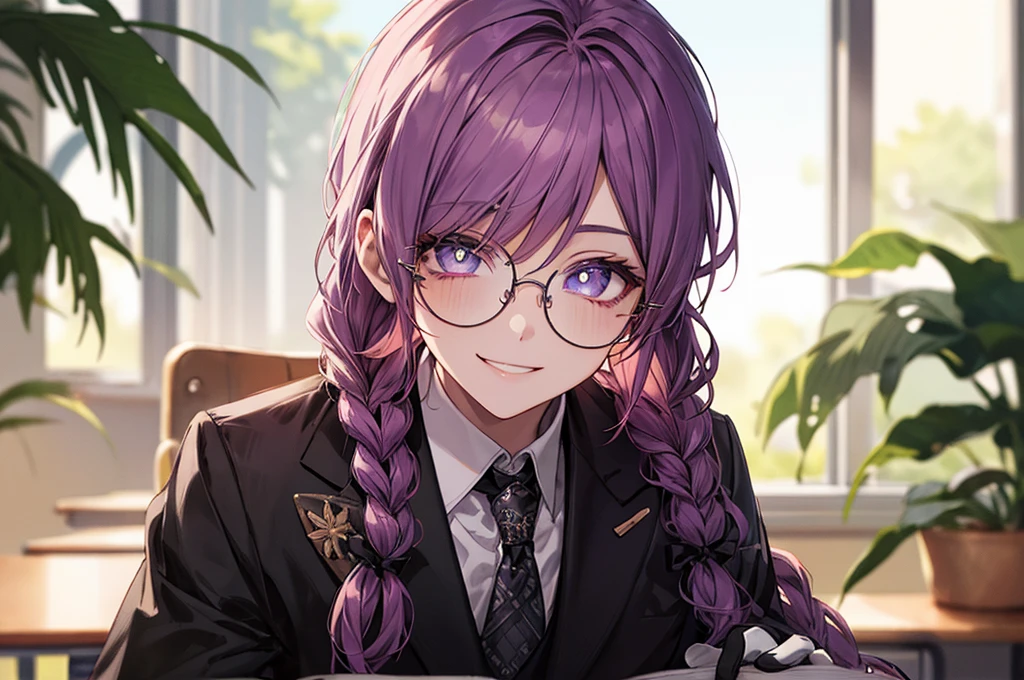 men's，single braid hair，violet colored hair，（Eye 1：2，Clear eyes，Elaborate Eyes，Delicate pupils，Good eyes，eye detailed），Face Focus，Adult，In black suit，best qualtiy，facial detailing，‎Classroom，sit on desk，sitting in the couch，lazy，Detailed background，diffuse sunlight，depth of fields，Studying　Smiling at your desk, violet eyes,black gloves, round glasses, long sleeves,violet hair, smile,