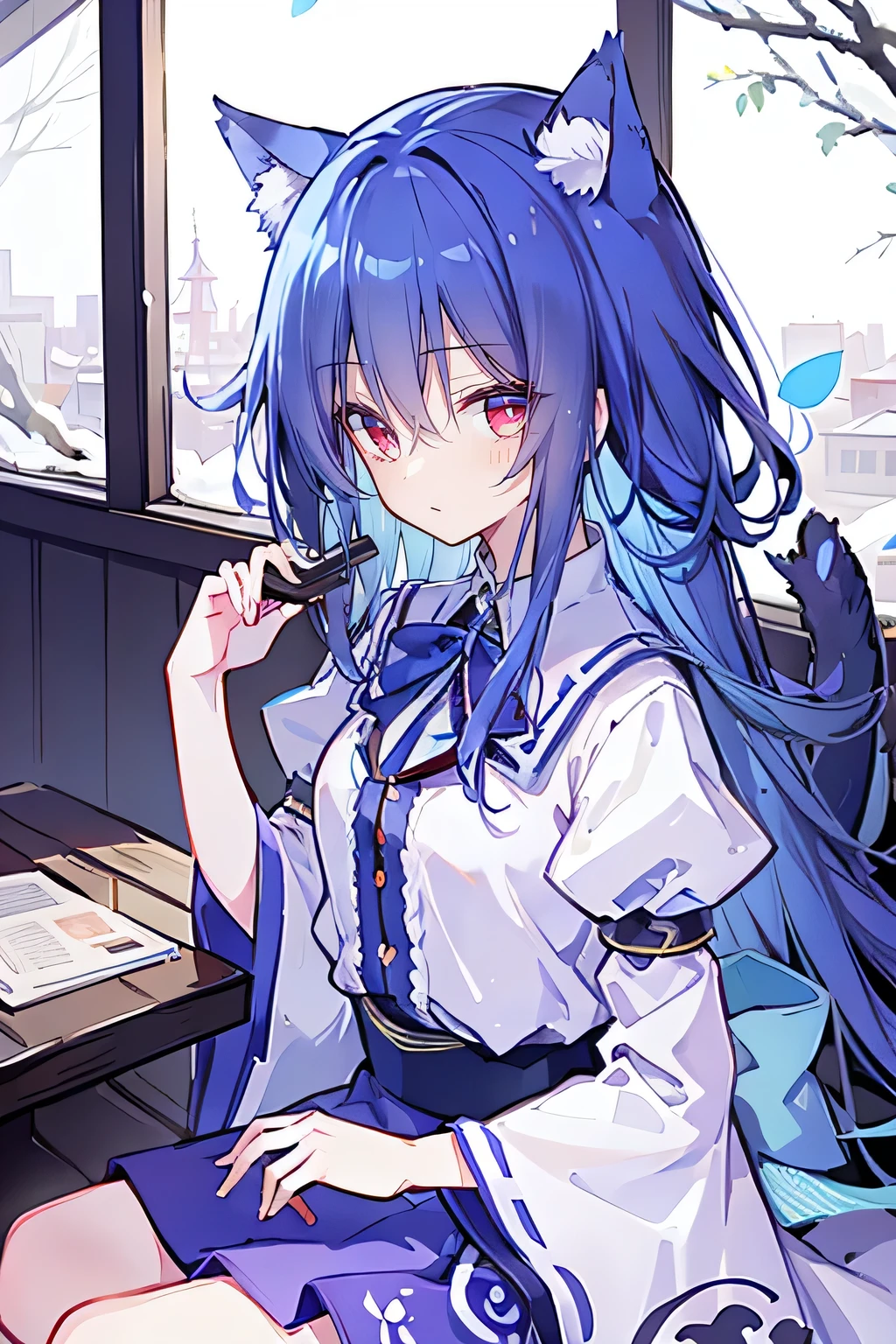 (Masterpiece:1.2)，Ultra-detailed，lifelike，The eyes are expressive，Fair skin，Perfect face shape，1 girl，Japanese Manga，Gorgeous blue hair，Flowing blue hair，Flowing clothes，Cat ears，Petals falling，Smile，Tokyo background，background，heavy snow，winter.Highest quality，perfect face，sitting on window sill drinking coffee and looking out the window.
