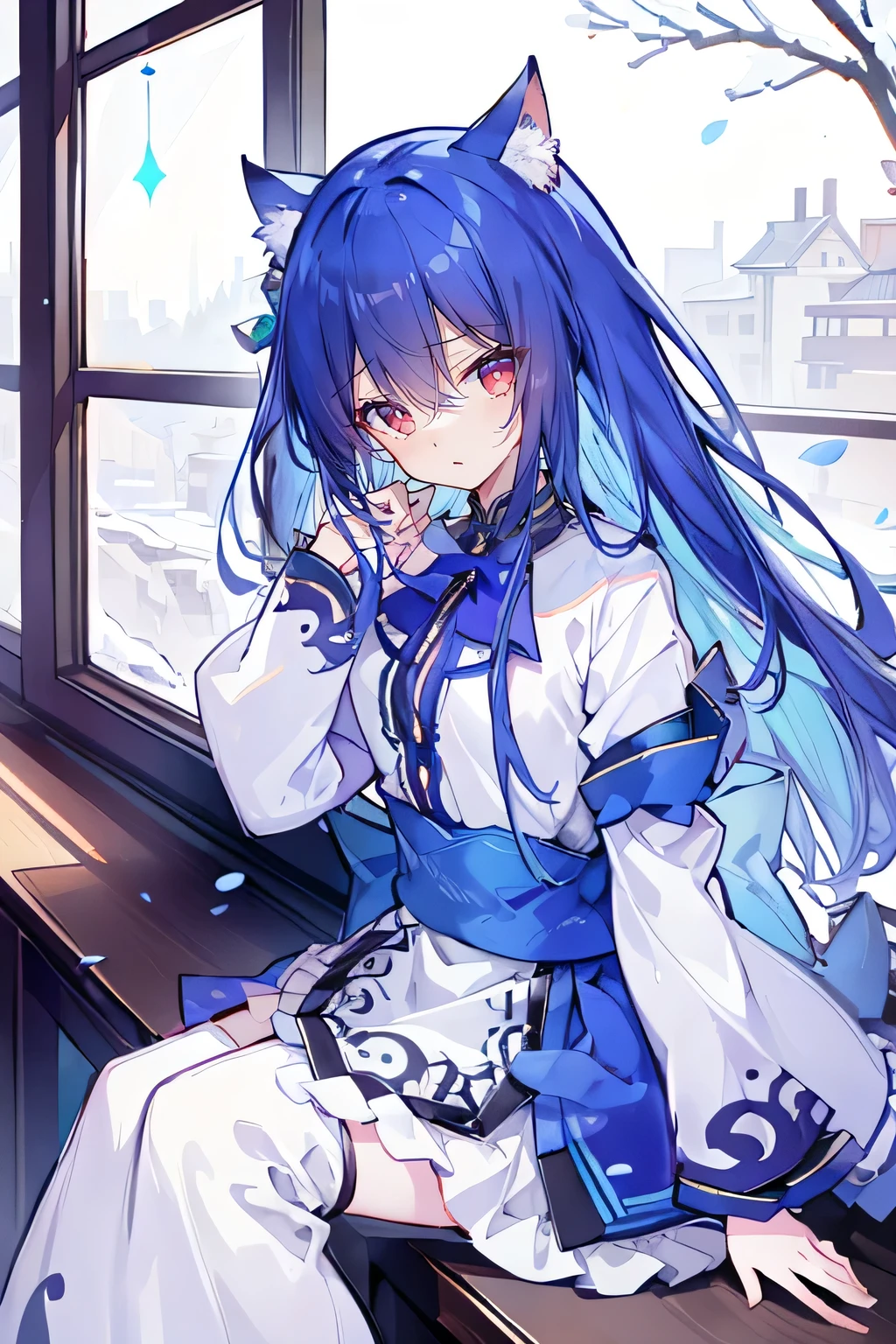 (Masterpiece:1.2)，Ultra-detailed，lifelike，The eyes are expressive，Fair skin，Perfect face shape，1 girl，Japanese Manga，Gorgeous blue hair，Flowing blue hair，Flowing clothes，Cat ears，Petals falling，Smile，Tokyo background，background，heavy snow，winter.Highest quality，perfect face，sitting on window sill drinking coffee and looking out the window.
