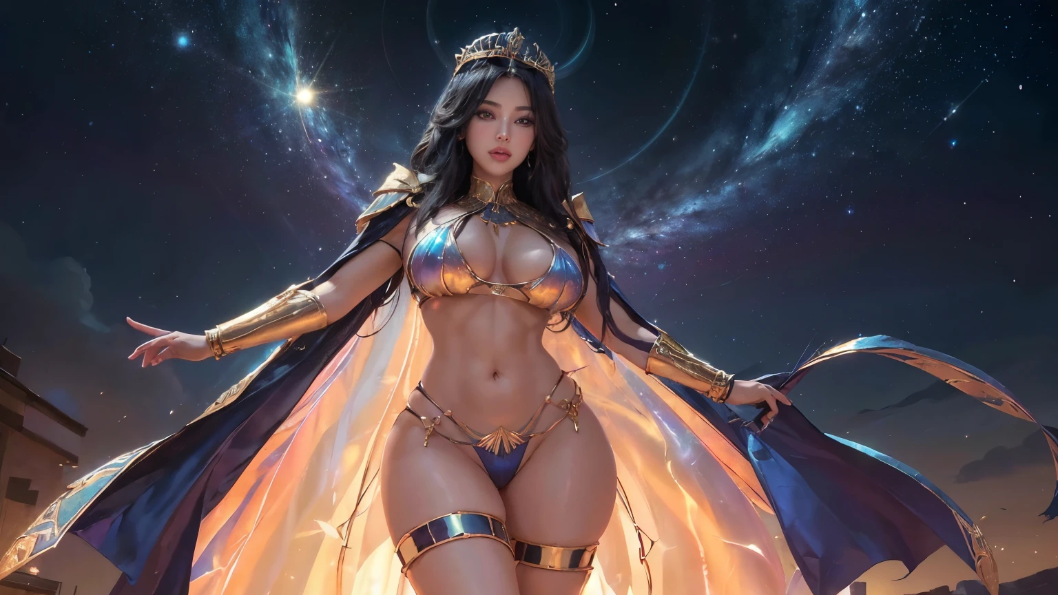basety style|seviechan style|abbe bi style|cherrmous style|anime|othalama style], extremely detailed, amazing, fine detail, absurdres, Masterpiece,ultra high res, Stunning, Symetrical, (Beautiful_Brazilian_Milf_Woman_Heroe), (Athletic_Thicc_Body_ABS_Thighs), (Suntan-Dark_Skin), (Very_Long_and_Volumous_Hair_Colored_Iridescent_Multiverse_Fluid_Effects), (high detailed Skin:1.3), (fleshy luscious lips), (Cleft_Chin), (hollywood lips, wide jaw line, wide lips, narrow beautiful nose, (highly detailed women), extremely detailed eyes and face, iridescent iris, nose stud, (Perfect_Hands), detailed clothes, naughty face, looking at viewer, (wearing Egyptian Ethereal Jewels iridescent  and long bracelets and Tiara and Cloak with Isometric Intricate Multiverse Effects),  Fighter Pose, (on Futuristic Intricate Luxury Palace), (Aura of power energy:1.3), Soft-Light, (nikon d850 film stock photograph 4 kodak portra 400 camera f1.6 lens rich colors hyper realistic lifelike texture dramatic lighting