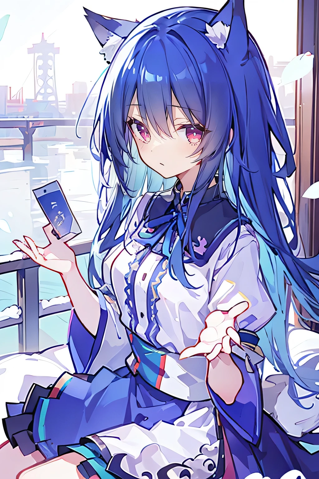 (Masterpiece:1.2)，Ultra-detailed，lifelike，The eyes are expressive，Fair skin，Perfect face shape，1 girl，Japanese Manga，Gorgeous blue hair，Flowing blue hair，Flowing clothes，Cat ears，Petals falling，Smile，Tokyo background，background，heavy snow，winter.Highest quality，perfect face，sitting on window sill drinking coffee and looking out the window.