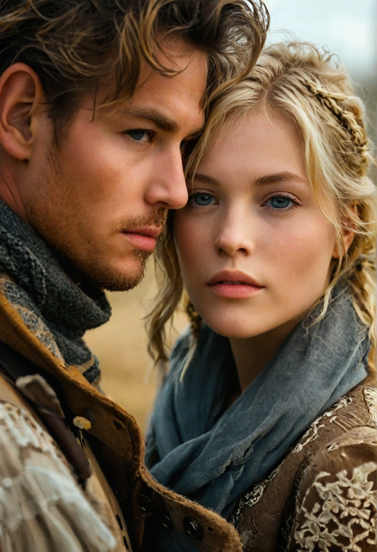Le beau mec en prairie avec sa copine blonde au cheveux jaunes