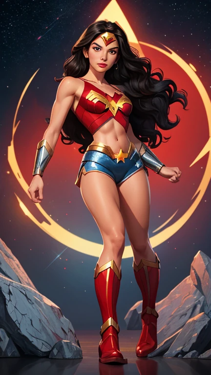 Woman, Caucasian skin, Bblack hair, Wavy hair, long hair, athletic body, blue reflective shorts, blue colored eyes, shorts with Wonder Woman style stars, short shorts, metallic red top, low cut, Wonder Woman bib, silver bracelets, golden tiata red star, serious look, Look to the camera, Red lips, red boots, heroic pose, front facing shot.