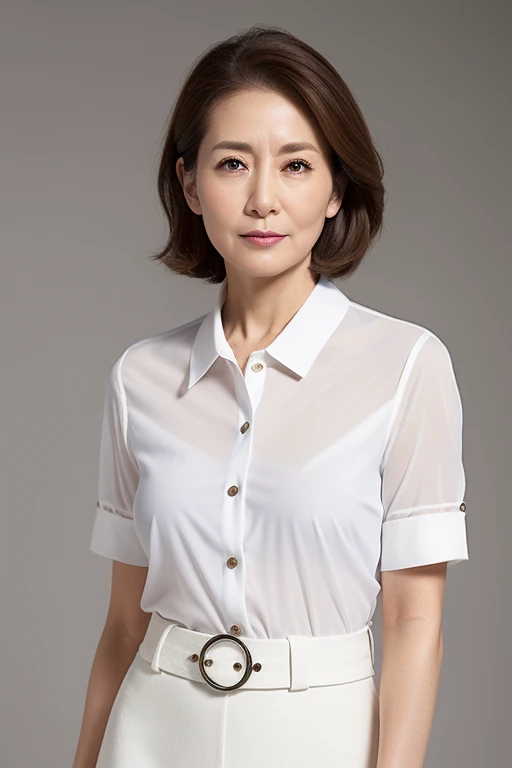 High resolution, High-level image quality, High definition, masterpiece, Rough skin, Anatomically correct, sharp,
Gray background,
((Japanese Mature, 90 years old)), One person, ((Facial wrinkles)), Shapely big breasts, Straight light brown hair that reaches the shoulders, Chubby body type, Mouth closed and serious face,
(((Standing upright and looking at the viewer))),
(White shirt with transparent collar and buttons for summer, White Skirt, ),
Beautiful shins, ((Cowboy Shot))