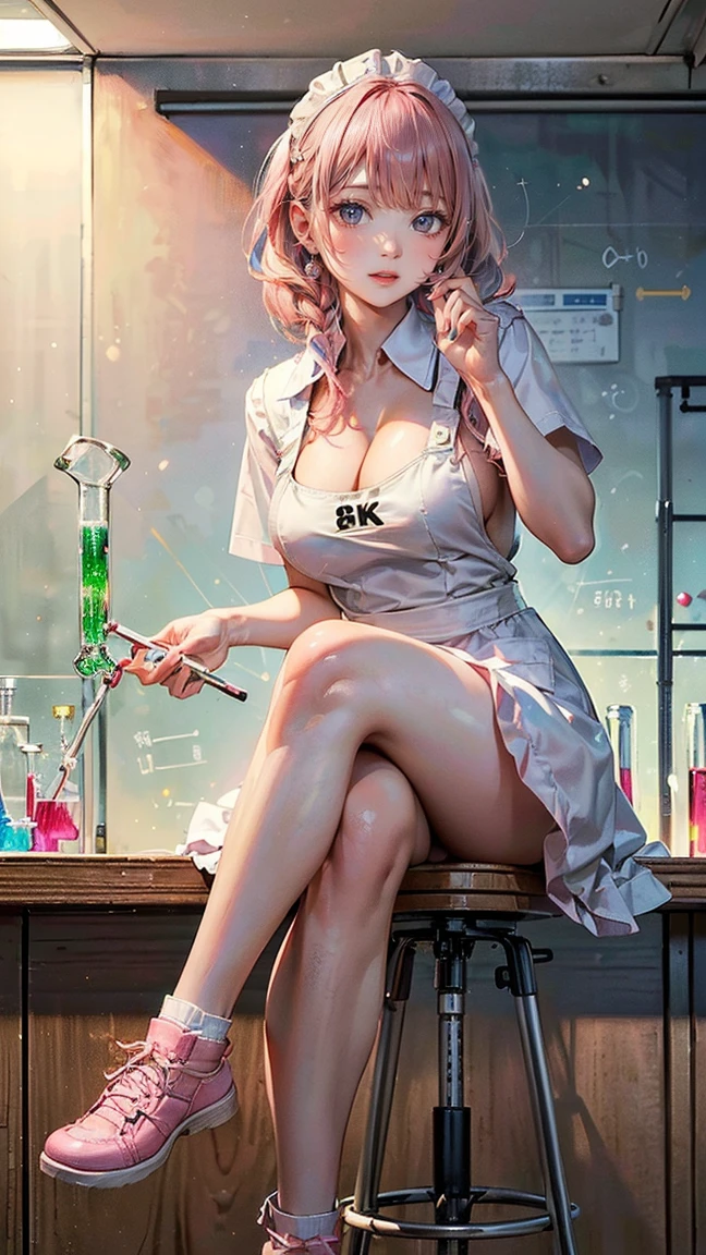((Highest quality, 8k, masterpiece :1.3)), (Sharp focus :1.2, Beautiful woman with perfect figure :1.4, Slim Abs), ((Big Breasts, Emphasize cleavage:1.2)), (Photorealistic:1.4), (realistic:1.4), (Pink Hair:1.5), Highly detailed face and skin texture, Fine grain, double eyelid. Makeup face, A little bit of lipstick, sex appeal, Sexy gravure pose, ((A high school girl in uniform、Conducting an experiment in the science lab。She sits on a high stool、Legs crossed。The white apron is an accessory.。:1.3))