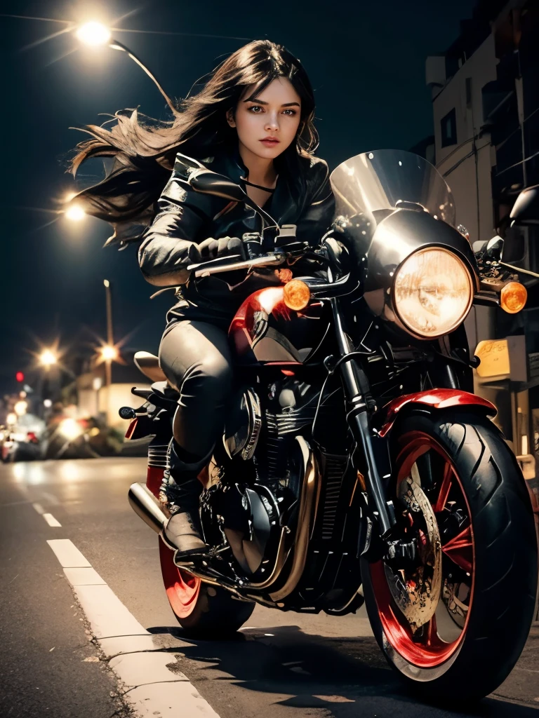 In the midst of the symphony of the roaring engine, a woman with black hair and blue eyes, captivating woman dressed in black rides confidently on the back of a motorcycle. This image embodies the essence of a female motorcyclist., his figure accentuated by the red glow of the taillights; The rim lights cast a seductive reflection on her loose hair.. The motorcycle, an elegant Triumph cafe racer, goes through the night, Red LED lights that lead the way on this exciting journey.. Razorgirl's determination shines, mientras agarra sin miedo las manijas de The motorcycle, riding on the road, embracing the wind and emotion.