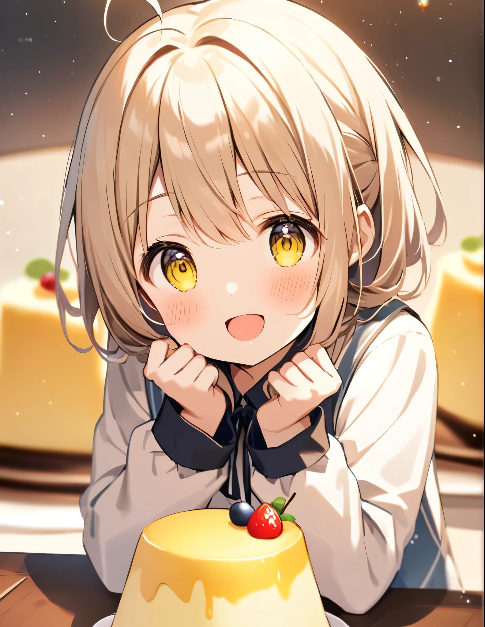 My eyes light up when I see the pudding.、girl、cute、:D、クローズアップ、テーブルに顎を乗せる