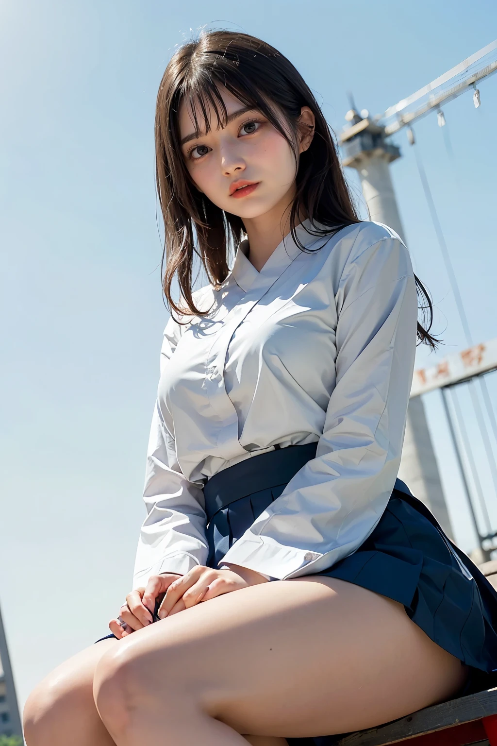 Masterpiece, bokeh, (Beautiful face), (Detailed face), (Perfect hands), (Japanese idle:1.6), (school uniform:1.3), (Sitting top of tower:1.3),( Large Bridge construction site:1.3), (Blushed face:1.3), working boots, (From below:1.5),