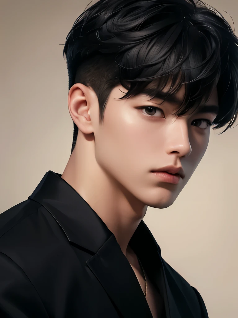 ((best quality, 8K, masterpiece: 1.3)), handsome korean boy, black hair, thick lips, portrait, has bangs, smart, black wallpaper