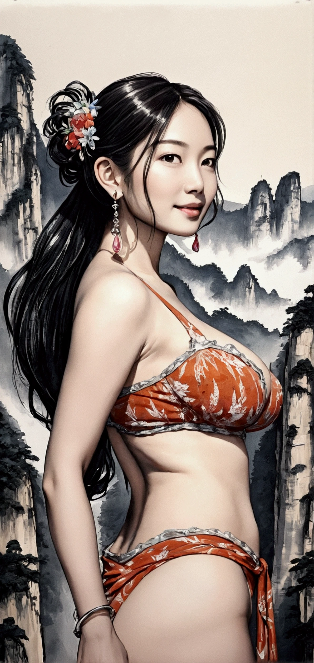 ((Masterpieces with up to 16K resolution:1.6)),Highest quality,it is really amazing,Very detailed,Ultra-high resolution,(Real:1.5),(Realistic:1.5),Increased depth of field,Cinematic Light,
Elegant mature woman,
Long black hair,(Exquisitely detailed face:1.5),Face with a gentle expression,Translucent white skin,Very sensitive skin,Great proportions,Anatomically correct body,
Elegant high leg swimsuit,Artistic design,Beautiful and detailed pattern,Detailed fabric texture,Gorgeous necklace,
Coastal landscape at dusk,Dark clouds and dark sky,delay々Continuing sandy beach, Deserted Beach,Dark sea surface,
(Dramatic Angle:1.6),