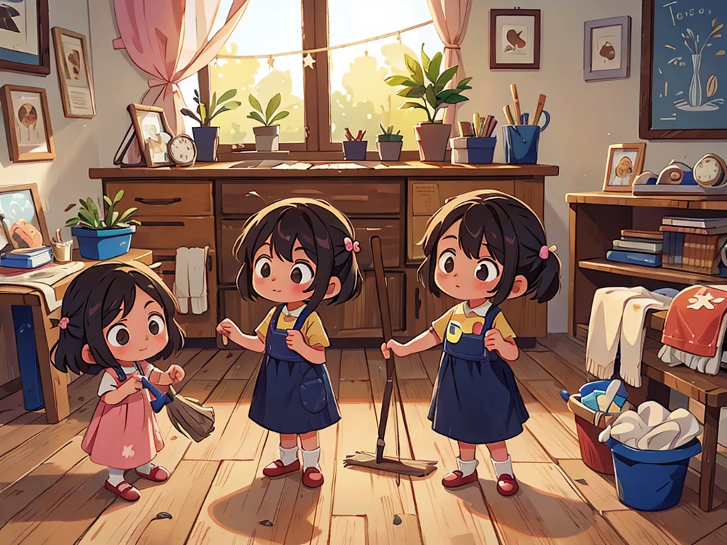 Three children working，Some hold brooms，Some hold mops，Cleaning，at home，Regardless of gender