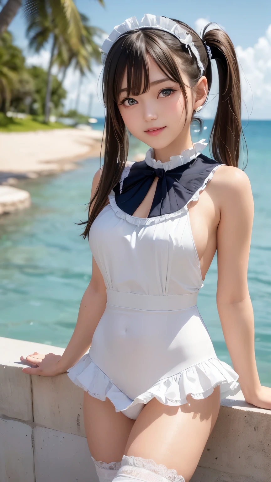 ((masterpiece)), ((highest quality、Ultra high definition)), (Very detailed),8K、Photo quality、((Amazingly cute girl)),)), Two people, , (Beautiful emerald blue eyes), ((smile)),In the open-air bath overlooking the sea, Beautifully arranged black hair in twin tails、スリムボディー、((Cute lolita maid stylimsuit))、Professional Lighting、(White lace knee-highore detailed and beautiful)、(More details and cutenesore realistic)、((Just wear light clothing))、(プールではしゃぐ)、