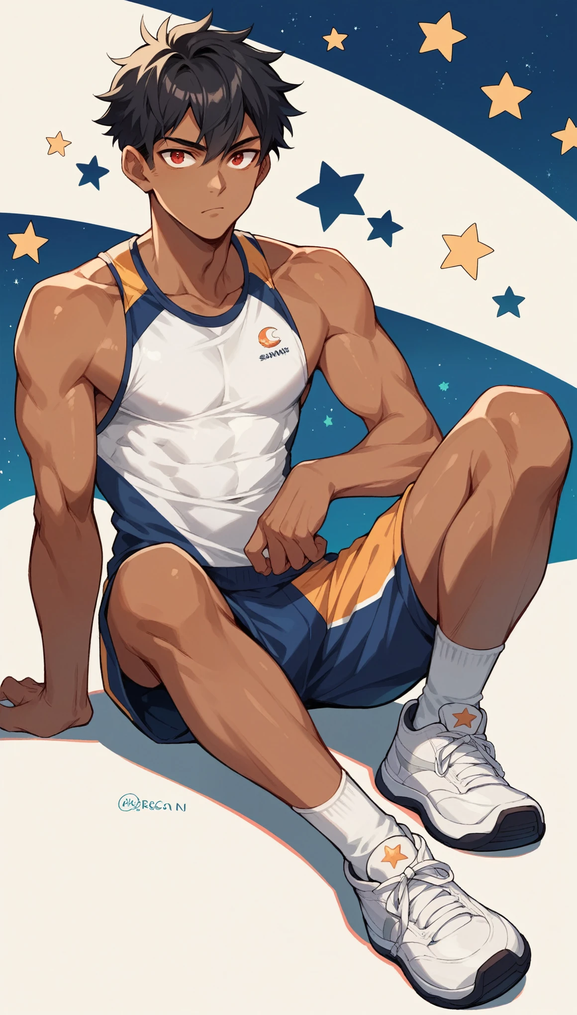 Handsome boy,Black Hair,Tanned skin,Sportswear,Slim body,He has a pair of warm red eyes,Stars background,White socks,White sneakers,Vision