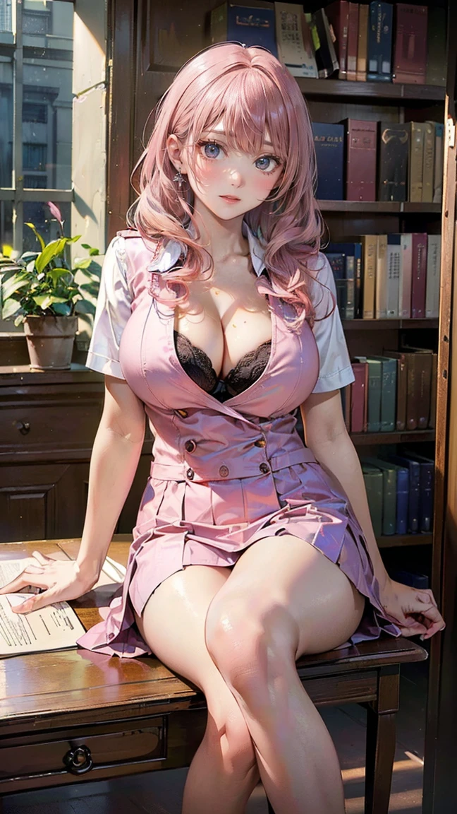 ((Highest quality, 8k, masterpiece :1.3)), (Sharp focus :1.2, Beautiful woman with perfect figure :1.4, Slim Abs), ((Big Breasts, Emphasize cleavage:1.2)), (Photorealistic:1.4), (realistic:1.4), (Pink Hair:1.5), Highly detailed face and skin texture, Fine grain, double eyelid. Makeup face, A little bit of lipstick, sex appeal, Sexy gravure pose, ((A high school girl in uniform、I am sitting cross-legged at a desk in the library reading a book.。Her beautiful legs stand out、A bookshelf can be seen in the background。Simple glasses are an accessory。:1.3))