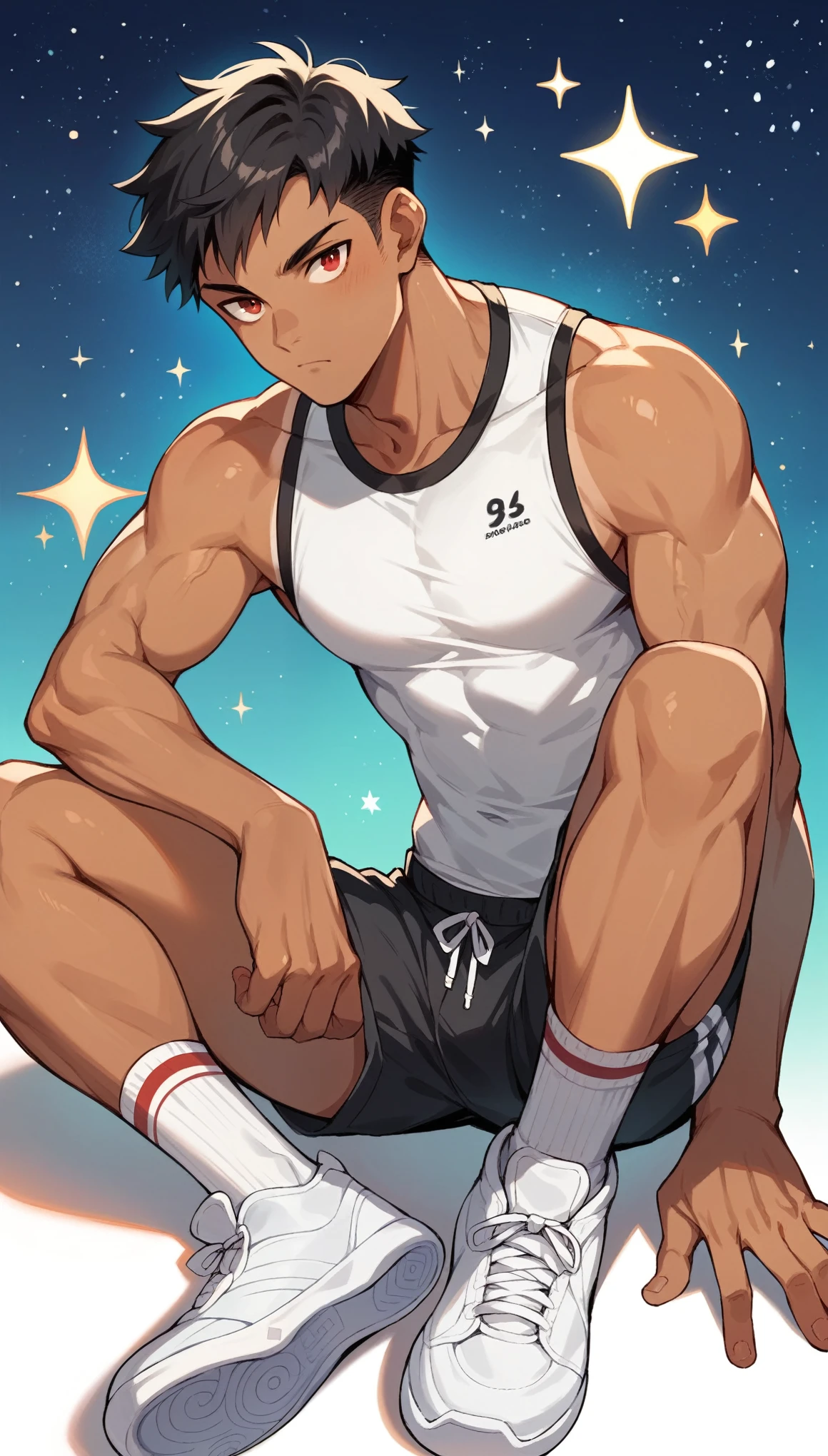 Handsome boy,Black Hair，Tanned skin，Sportswear，Slim body，sit，He has a pair of warm red eyes，Stars background，White socks，White sneakers，Vision