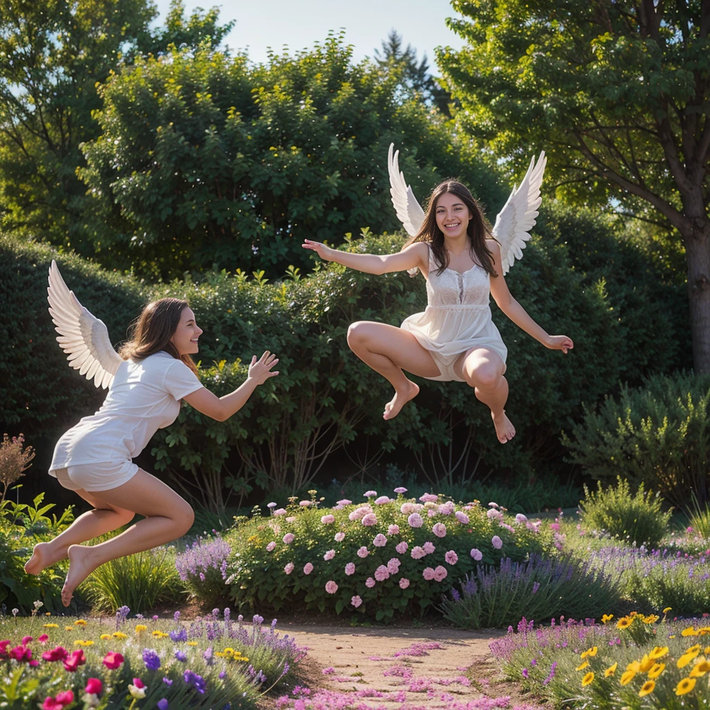 angel art, everyone jumps, smiles, joy, heaven, love, flower garden, happiness, light, lassen, high details, photorealistic