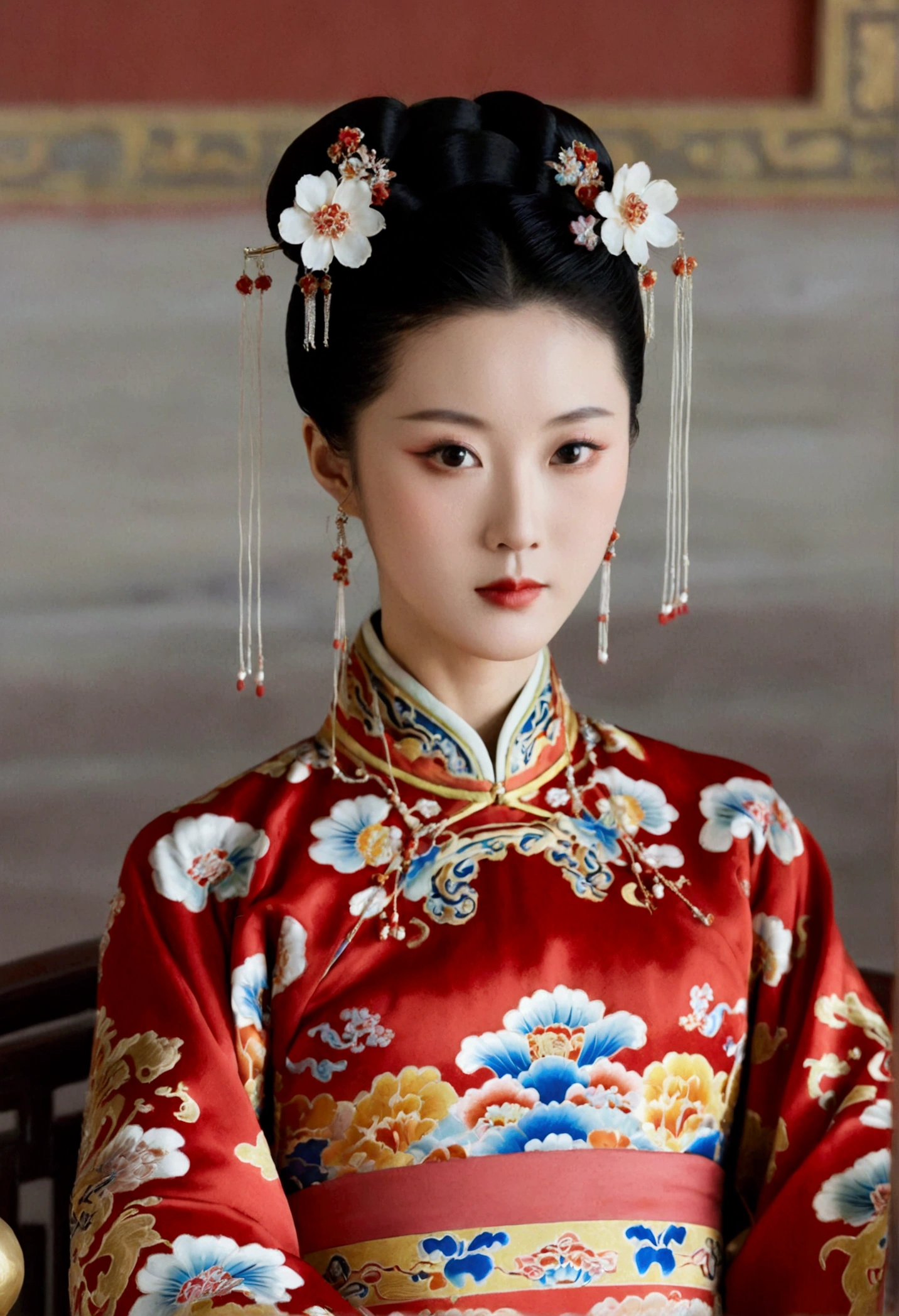 A woman seen from the front, standing facing forward, in the Chinese imperial court of the Qing dynasty, Empress of the Qing dynasty. The Chinese empress is wearing a red Manchu dress with a floral pattern and no crown, open at the front, showing her chest, stomach, thighs and feet. She is completely naked, showing her large breasts without underwear, and even her bare stomach. Her hair is tied up and pulled up, decorated with flashy large flowers and a hairpin, and the background is outside the Chinese imperial court of the Qing dynasty.