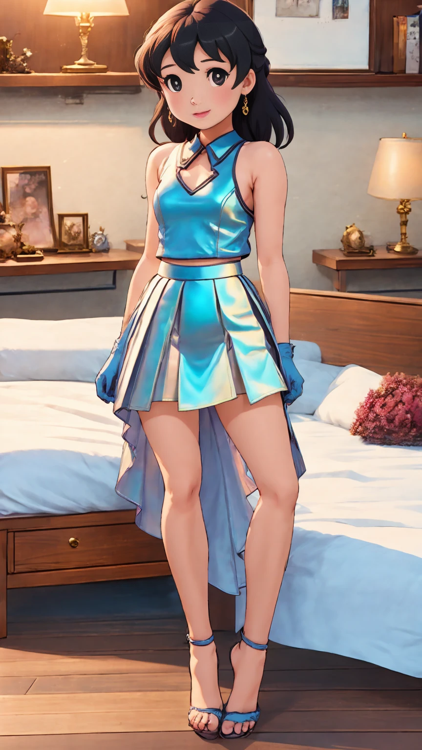 best quality, masterpiece, 1girl, solo, Ferry, long hair, FerryBase, thighhighs, bare shoulders, jewelry, sleeveless, white dress, blue skirt, gloves, bed room, bed, wooden floor, sitting, sitting on bed, hands on legs, subtle smile, soft lighting, full body, wide hips, medium breasts