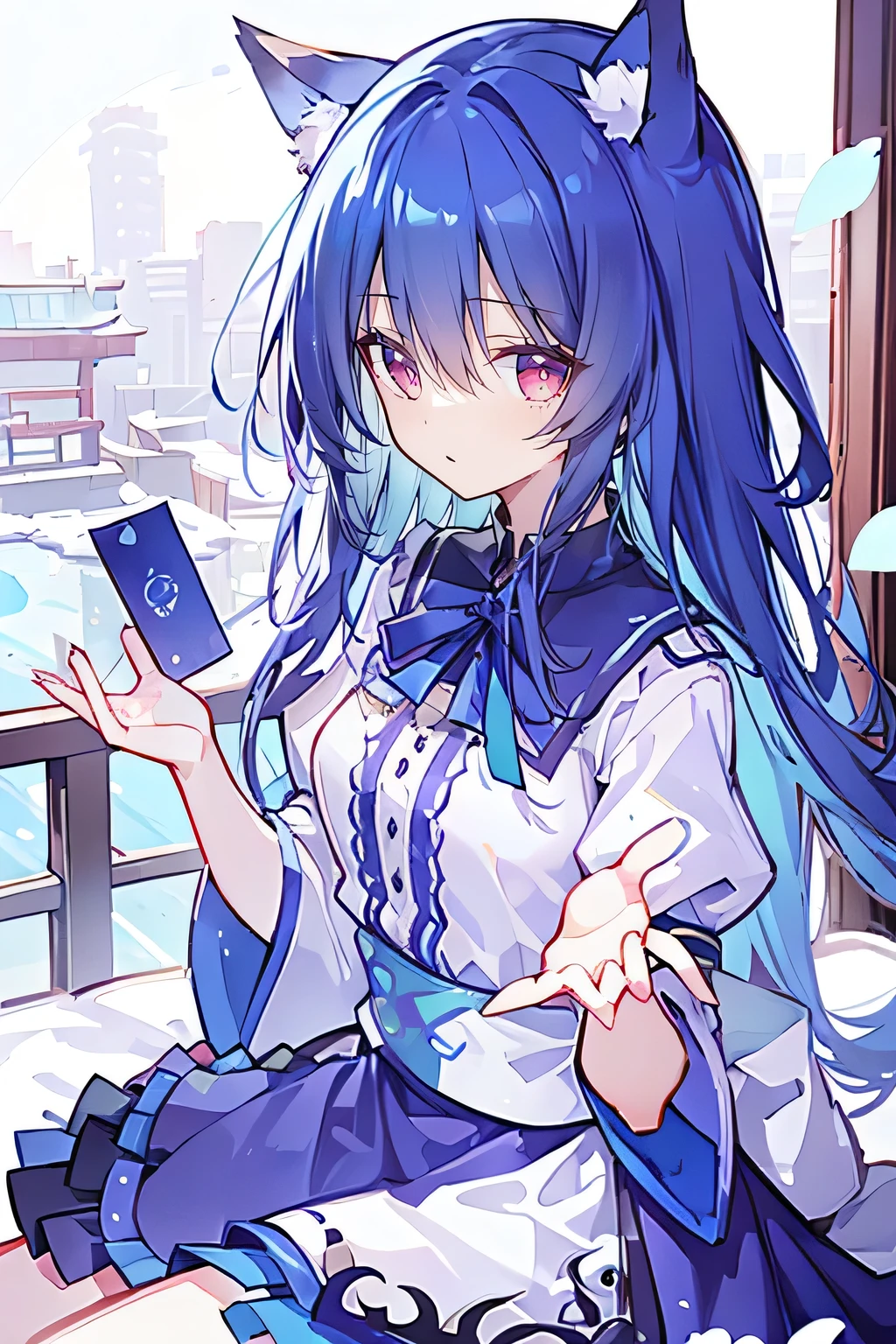 (Masterpiece:1.2),Ultra-detailed,lifelike,The eyes are expressive,Fair skin,Perfect face shape,1 girl,Japanese Manga,Gorgeous blue hair,Flowing blue hair,Flowing clothes,Cat ears,Petals falling,Smile,Tokyo background,background,heavy snow,winter.Highest quality,perfect face,sitting on window sill drinking coffee and looking out the window.