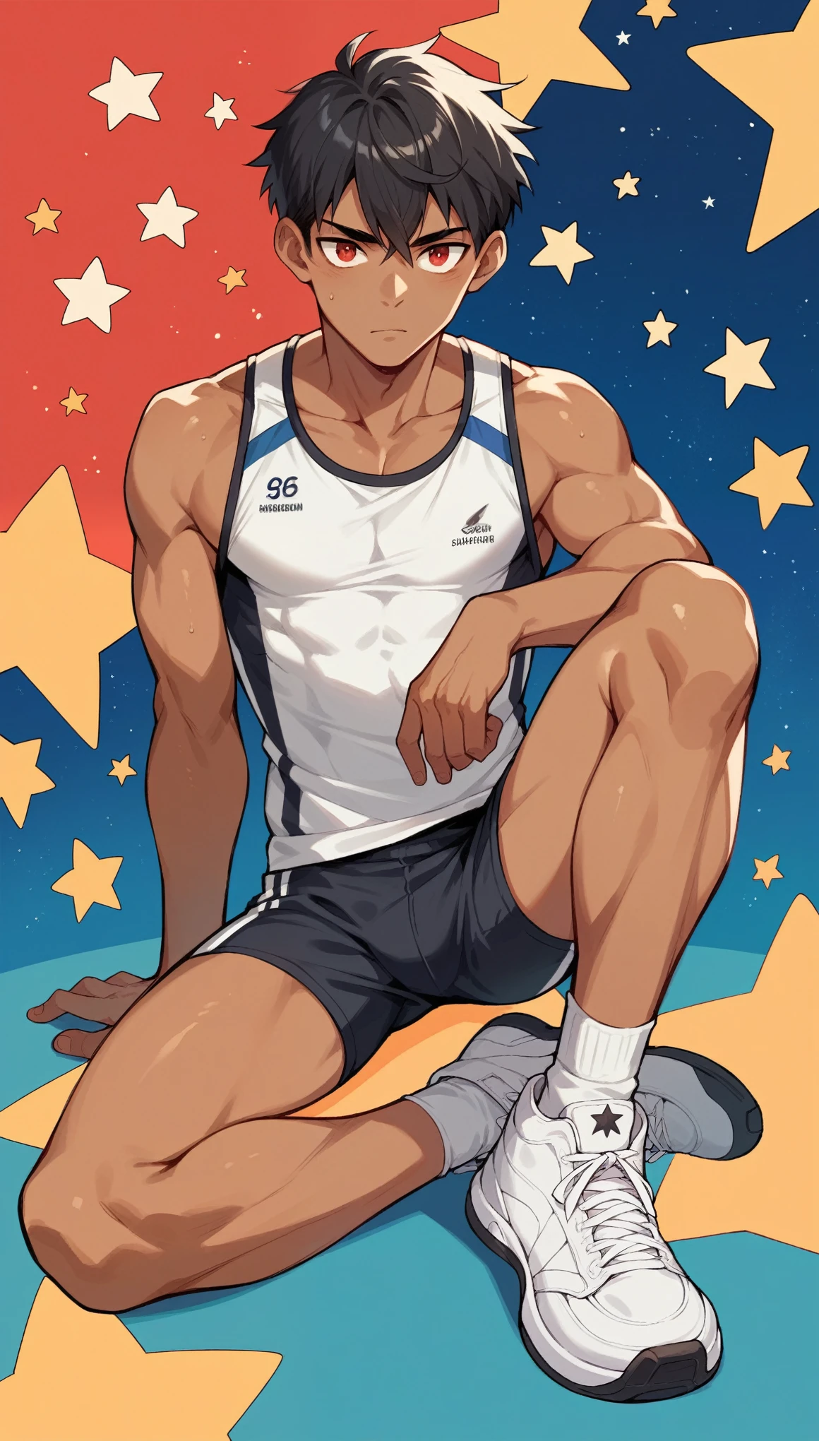 Handsome boy,Black Hair，Tanned skin，Sportswear，Slim body，sit，He has a pair of warm red eyes，Stars background，White socks，White sneakers，Vision