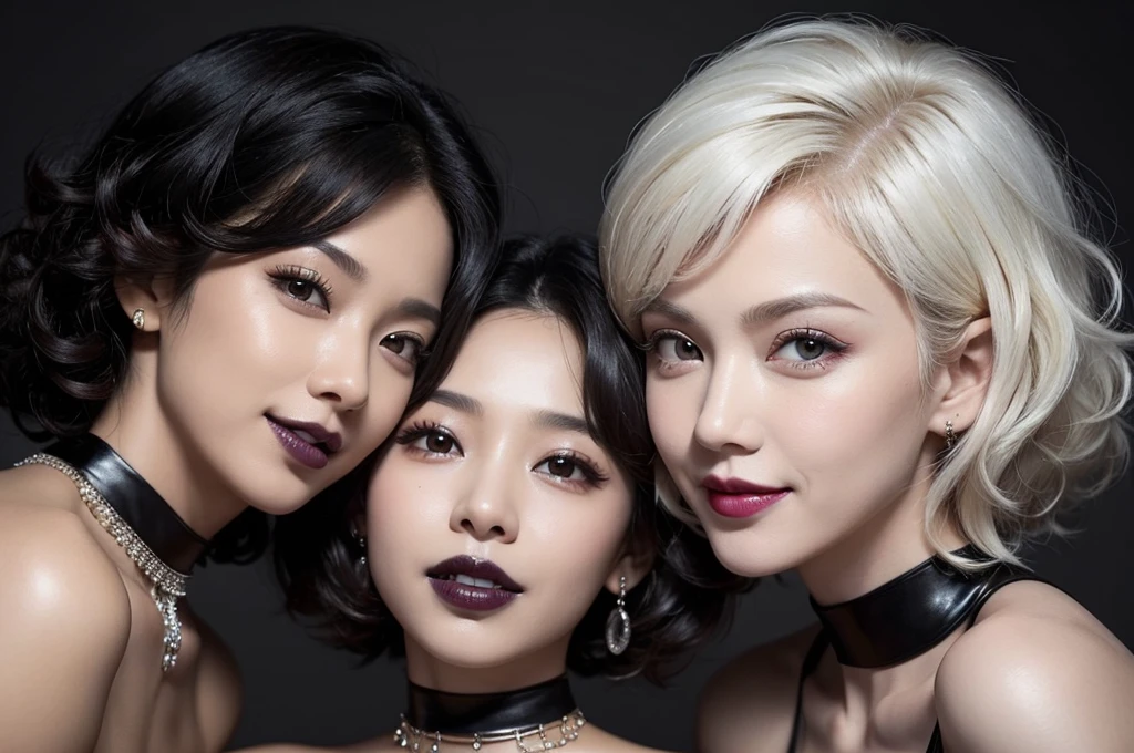 two extremely sexy women who are wives of 4 years old boy looking at camera, flustered smiles, short curly white hair, dark skin, chokers, black lipstick, portrait, close up to faces