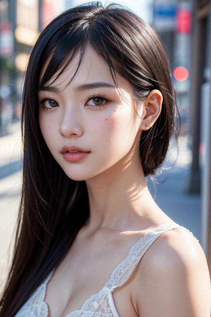 (masterpiece, best quality, hires, high resolution:1.2), (extremely detailed, intricate details, highres), (medium close-up:1.2) portrait on a (Tokyo street sunny background:1.2), (medium shot:1.2), (face focus:1.1), (soft focus:1.2), low lighting, (out of focus:1.2), bokeh, f1.4, 40mm, photorealistic, raw, 8k, ((textured skin:1.1, skin pores:0.3, realistic skin:1.1)), intricate details, 1girl,  (ultra sharp image), black hair, perma straight hair style, very beautiful girl,  