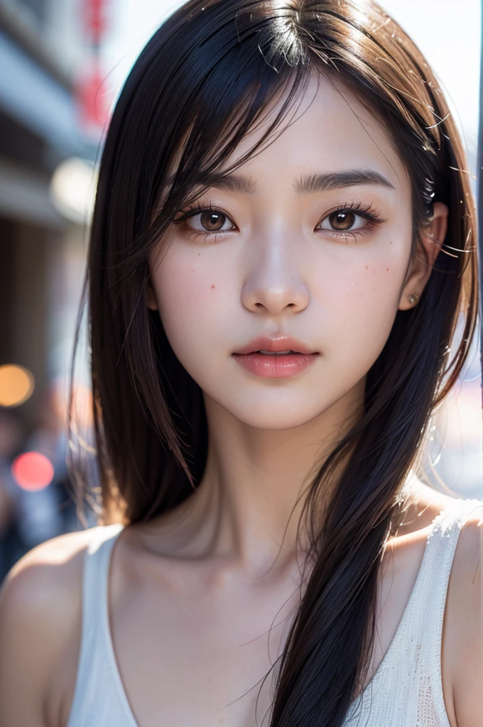 (masterpiece, best quality, hires, high resolution:1.2), (extremely detailed, intricate details, highres), (medium close-up:1.2) portrait on a (Tokyo street sunny background:1.2), (medium shot:1.2), (face focus:1.1), (soft focus:1.2), low lighting, (out of focus:1.2), bokeh, f1.4, 40mm, photorealistic, raw, 8k, ((textured skin:1.1, skin pores:0.3, realistic skin:1.1)), intricate details, 1girl,  (ultra sharp image), black hair, perma straight hair style, very beautiful girl,  
