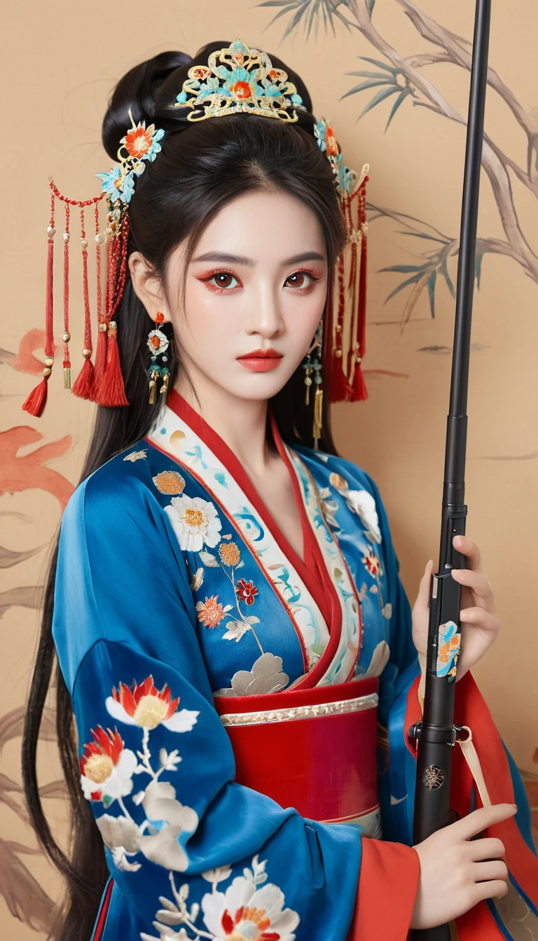 best quality, masterpiece, Ultra-fine high resolution, (Practical: 1.4), Watercolor style, illustration, Bright background color,, 1 Girl with a weapon, (Solo exhibitions: 1.2), (牛仔布lens: 1.2), (Hair crown: 1.2), Traditional chinese dunhuang style clothes, Tapeless, (Red Eyeliner: 1.2), (: 1.4), earrings, Dynamic Angle, opera, messy_long_hair, ink, light, lens_Flare, Velvet, chrysanthemum, tassel, Ribbon, color embroidery,