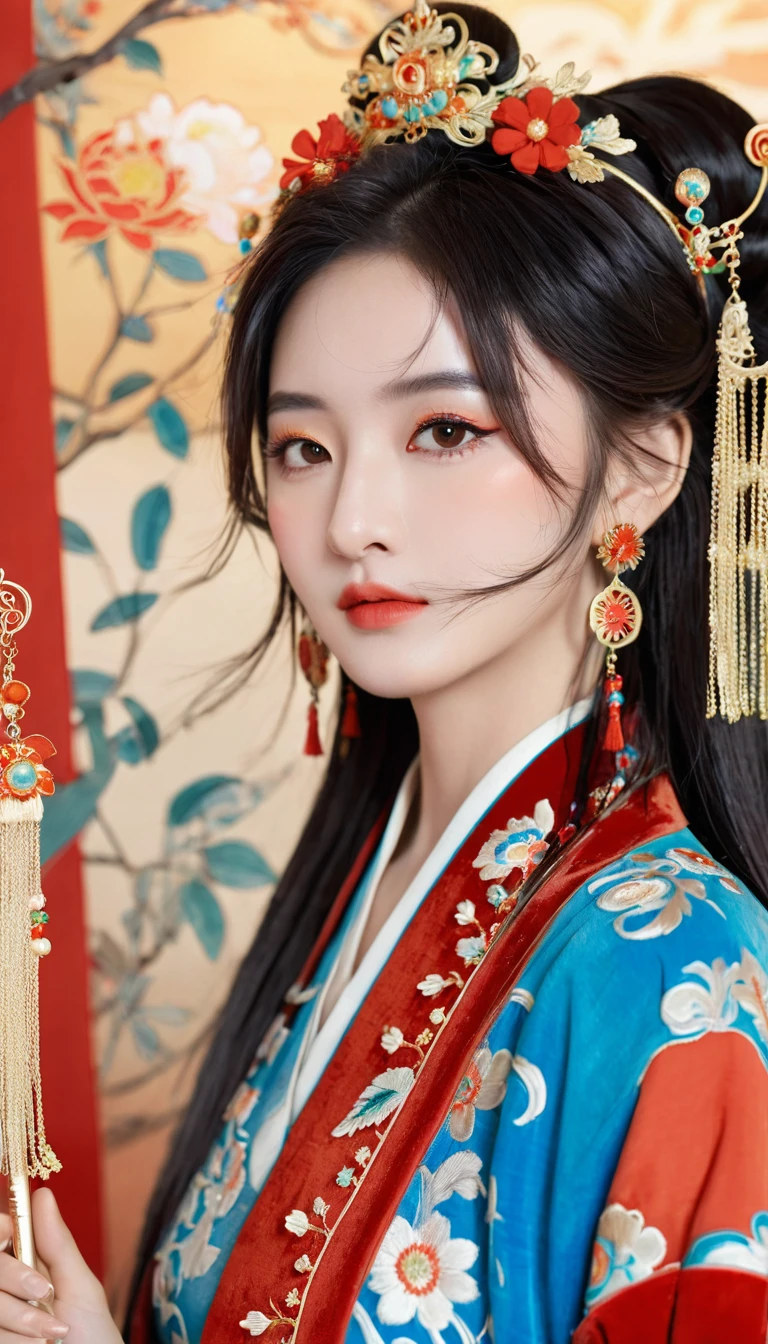 best quality, masterpiece, Ultra-fine high resolution, (Practical: 1.4), Watercolor style, illustration, Bright background color,, 1 Girl with a weapon, (Solo exhibitions: 1.2), (牛仔布lens: 1.2), (Hair crown: 1.2), Traditional chinese dunhuang style clothes, Tapeless, (Red Eyeliner: 1.2), (: 1.4), earrings, Dynamic Angle, opera, messy_long_hair, ink, light, lens_Flare, Velvet, chrysanthemum, tassel, Ribbon, color embroidery,