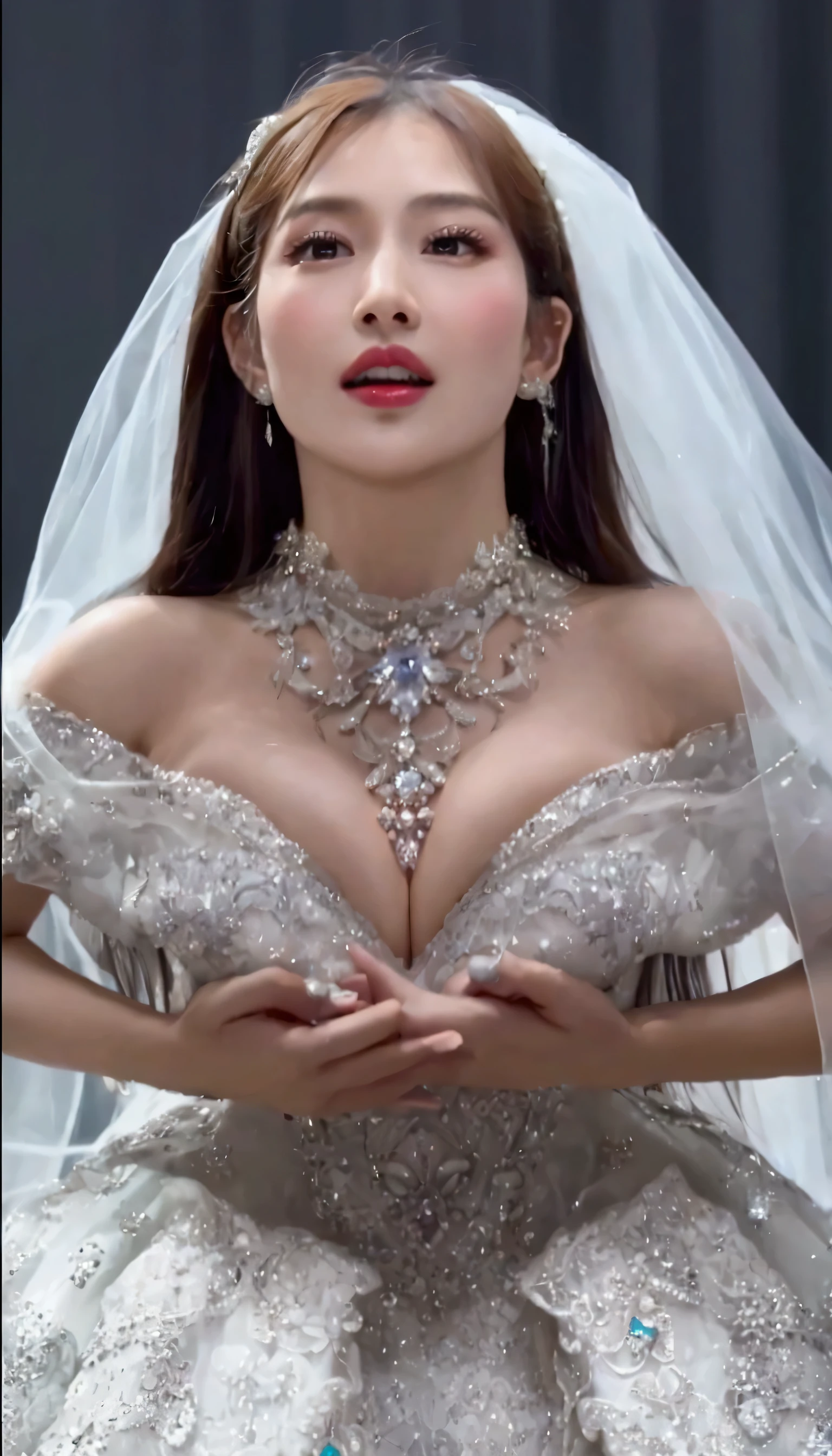 Diamond-encrusted wedding dress,Beautiful Asian princess, Dressed in the most beautiful royal gown, The dress is covered with jewels and diamonds, Her necklace is made of diamonds and gemstones, Her cleavage is clearly visible, Her breasts are really big.D cup, Breast burn,Very white skin,Shoot on the ground,((Full cleavage))