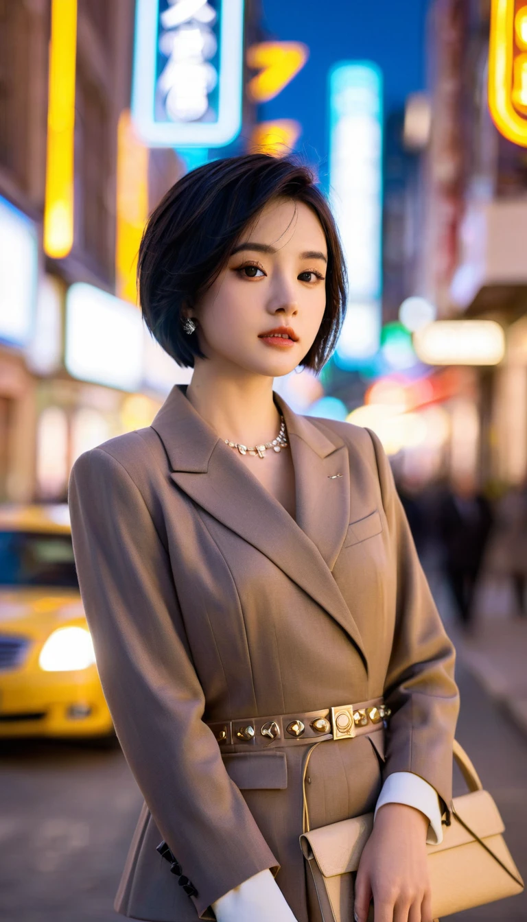 Cute young woman, Black short hair, Brown eyes, Queen,Pleated skirt suit,Street Lights,Neon lights,Bustling street background,(Umbilical cord:1.1,Princess Eyes), noble, Royal Family, high quality, masterpiece, Very detailed