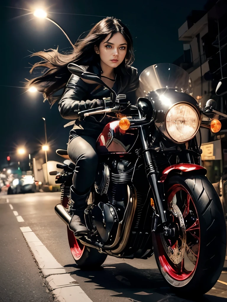 In the midst of the symphony of the roaring engine, a woman with black hair and blue eyes, captivating woman dressed in black rides confidently on the back of a motorcycle. This image embodies the essence of a female motorcyclist., his figure accentuated by the red glow of the taillights; The rim lights cast a seductive reflection on her loose hair.. The motorcycle, an elegant Triumph cafe racer, goes through the night, Red LED lights that lead the way on this exciting journey.. Razorgirl's determination shines, mientras agarra sin miedo las manijas de The motorcycle, riding on the road, embracing the wind and emotion.