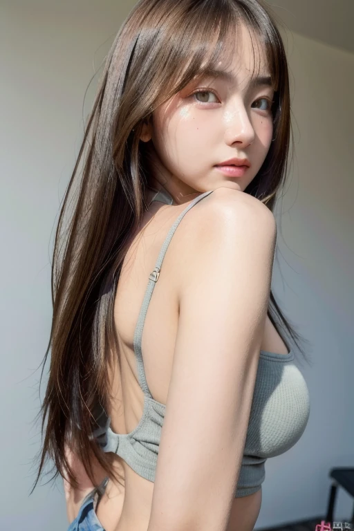 (Real, High resolution:1.3), One girl with a perfect body, Very beautiful face and eyes,Long Hair, Random color tank top:1.2, Short jeans, Big Breasts,Gaze at her, exposing her cleavage, Back view, Character profile,