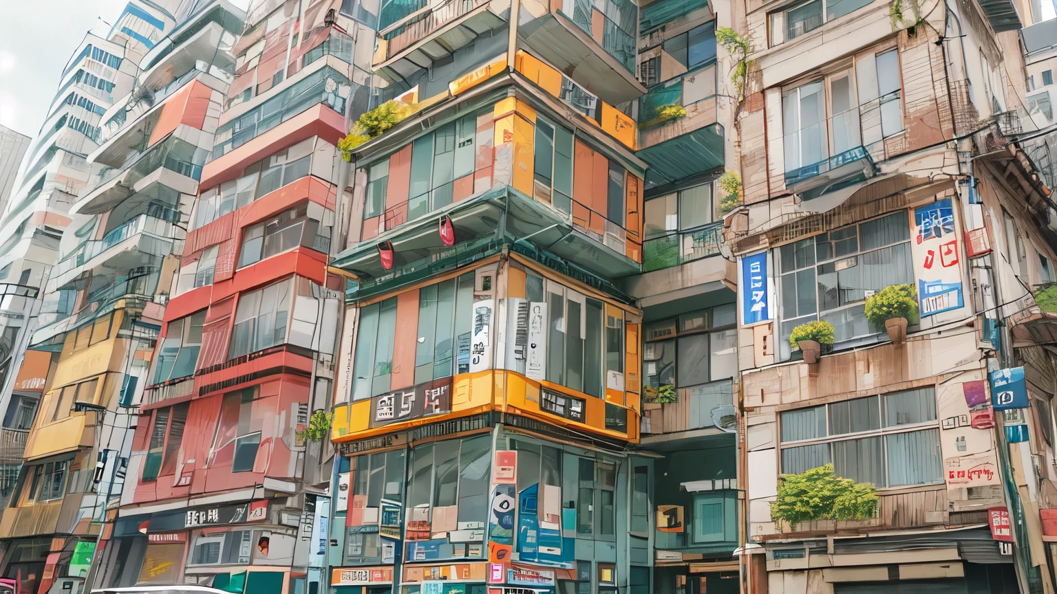 Architectural Marker Paint、the 60's、Kowloon City、Hongkong、Vision、Shooting from the ground、Wide-angle lens、No humans、Cloudy、Watercolor