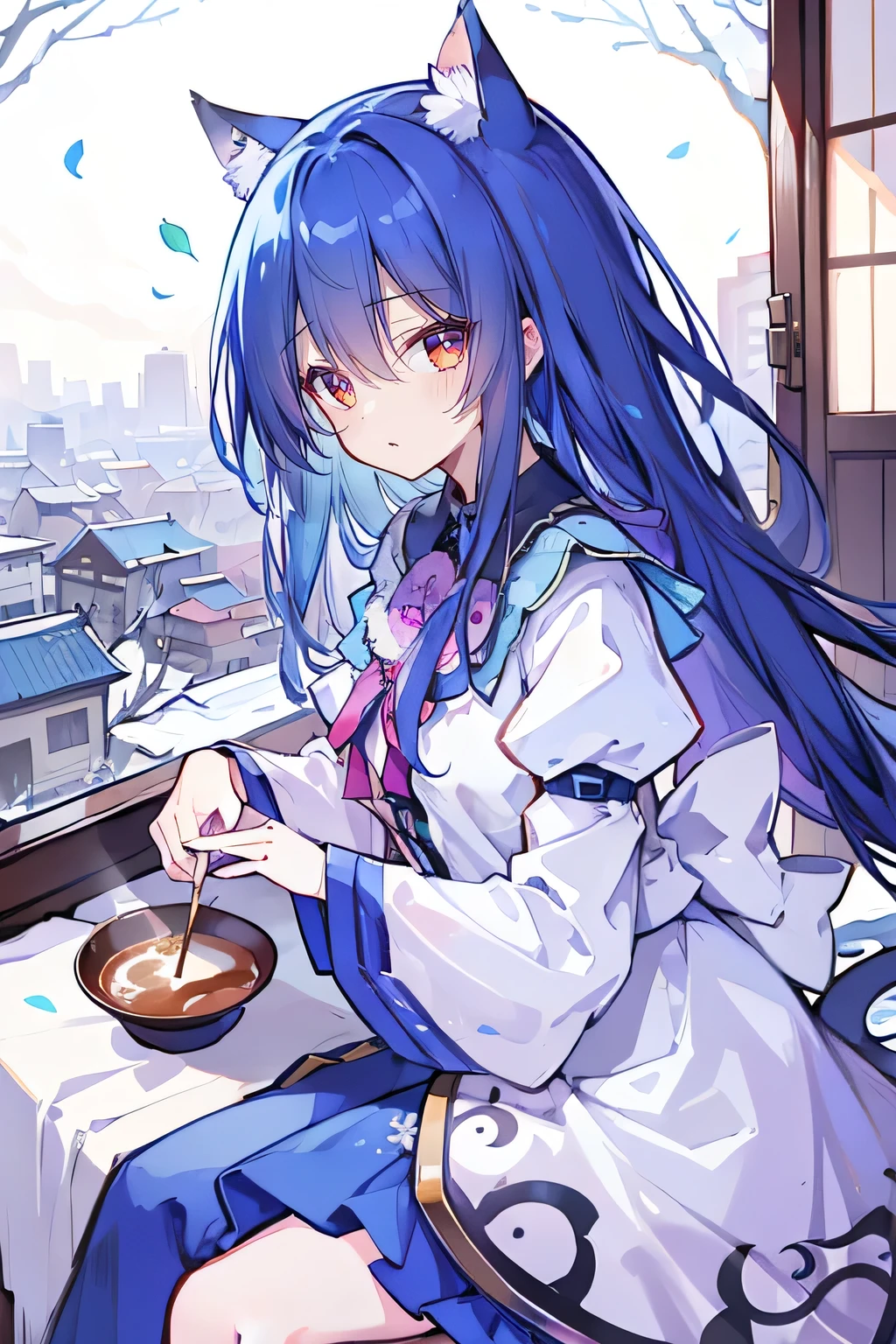 (Masterpiece:1.2),Ultra-detailed,lifelike,The eyes are expressive,Fair skin,Perfect face shape,1 girl,Japanese Manga,Gorgeous blue hair,Flowing blue hair,Flowing clothes,Cat ears,Petals falling,Smile,Tokyo background,background,heavy snow,winter.Highest quality,perfect face,sitting on window sill drinking coffee and looking out the window.