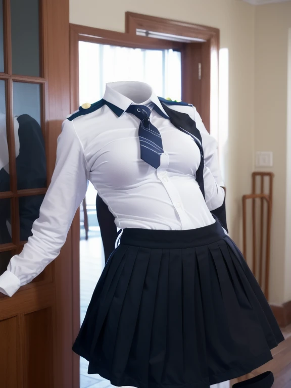 school uniforms raise their sleeves as if can not see girl wear it, school uniforms swells as if possessed by can not see girls, school uniforms have Huge breasts, (((((No humans))))), (Headless), Faceless, can not see girls, Hands on hips, (masterpiece), ((can not see)), Huge breasts, Very short skirt, whole body, socks