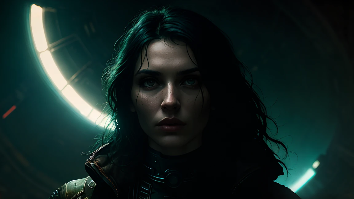 A breathtakingly beautiful woman with porcelain skin, piercing green eyes, and raven-black hair styled in loose waves, fills the frame in an extreme close-up shot, her full lips subtly parted as she gazes upward, illuminated by a shaft of light in the dimly lit, abandoned space station. The atmosphere is thick with nostalgic, retro-futuristic ambiance, reminiscent of Zdzisław Beksiński's surrealist artwork and Maciej Kuciara's vibrant, cinematic concept art. The image is rendered in a rich, filmic color palette with a mix of warm and cool tones, emphasizing high contrast, deep shadows, and cinematic lighting. A shallow depth of field captures the intricate, complex details of the space station's machinery and equipment, while a subtle vignette and bokeh effects add to the dreamy, cinematic quality. The aesthetic is reminiscent of Jama Jurabaev's sense of wonder and Wojtek Fus's dark, neon-lit futurescapes, evoking the nostalgia of Kodak Porta 400 and Cinestill 800 film stocks, shot on a Leica M10 camera.