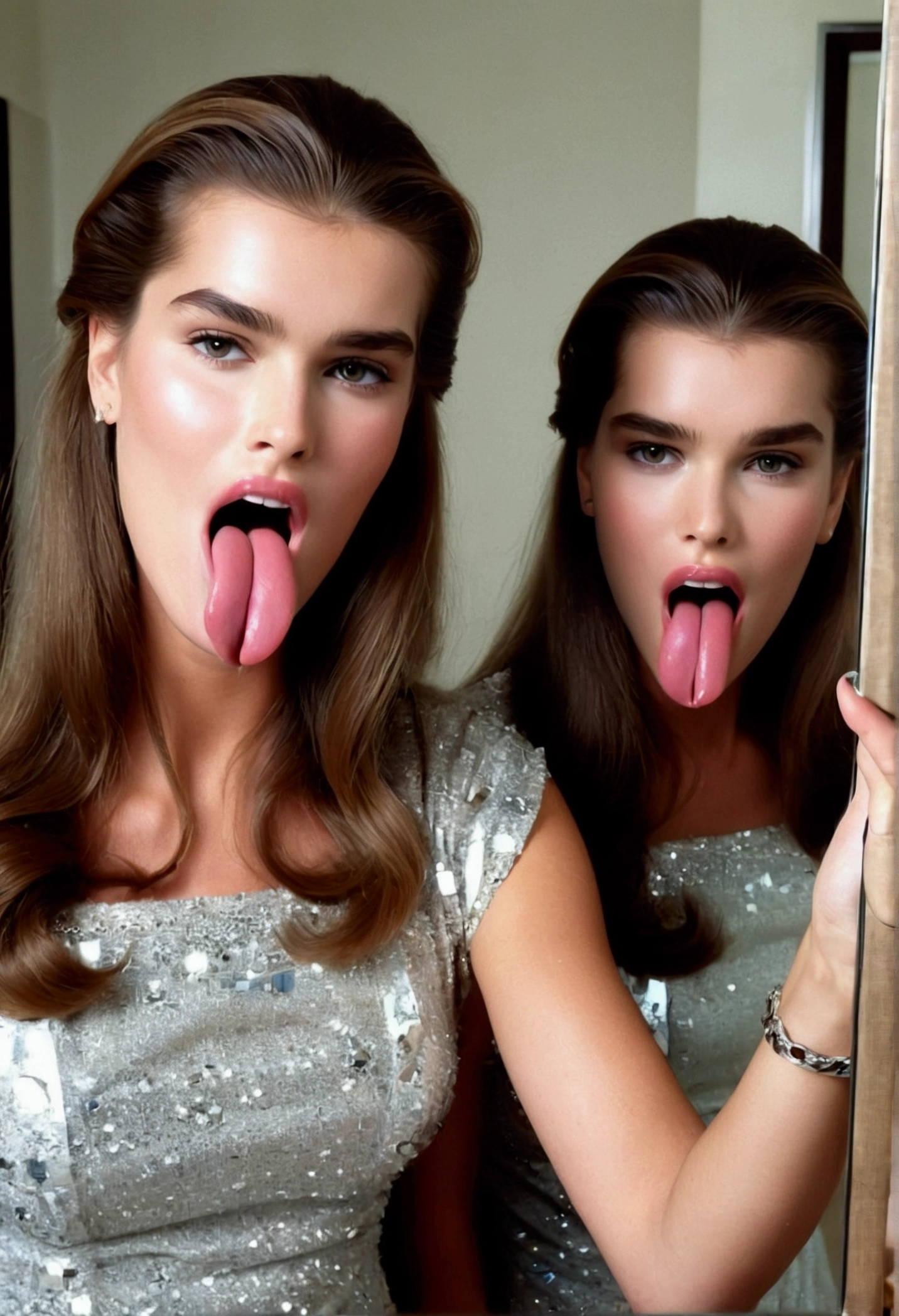 Brooke shields ((looking very beautiful)) ((((very beautiful face)))) (((mirror selfie taking tongue out standing mirror selfie)))