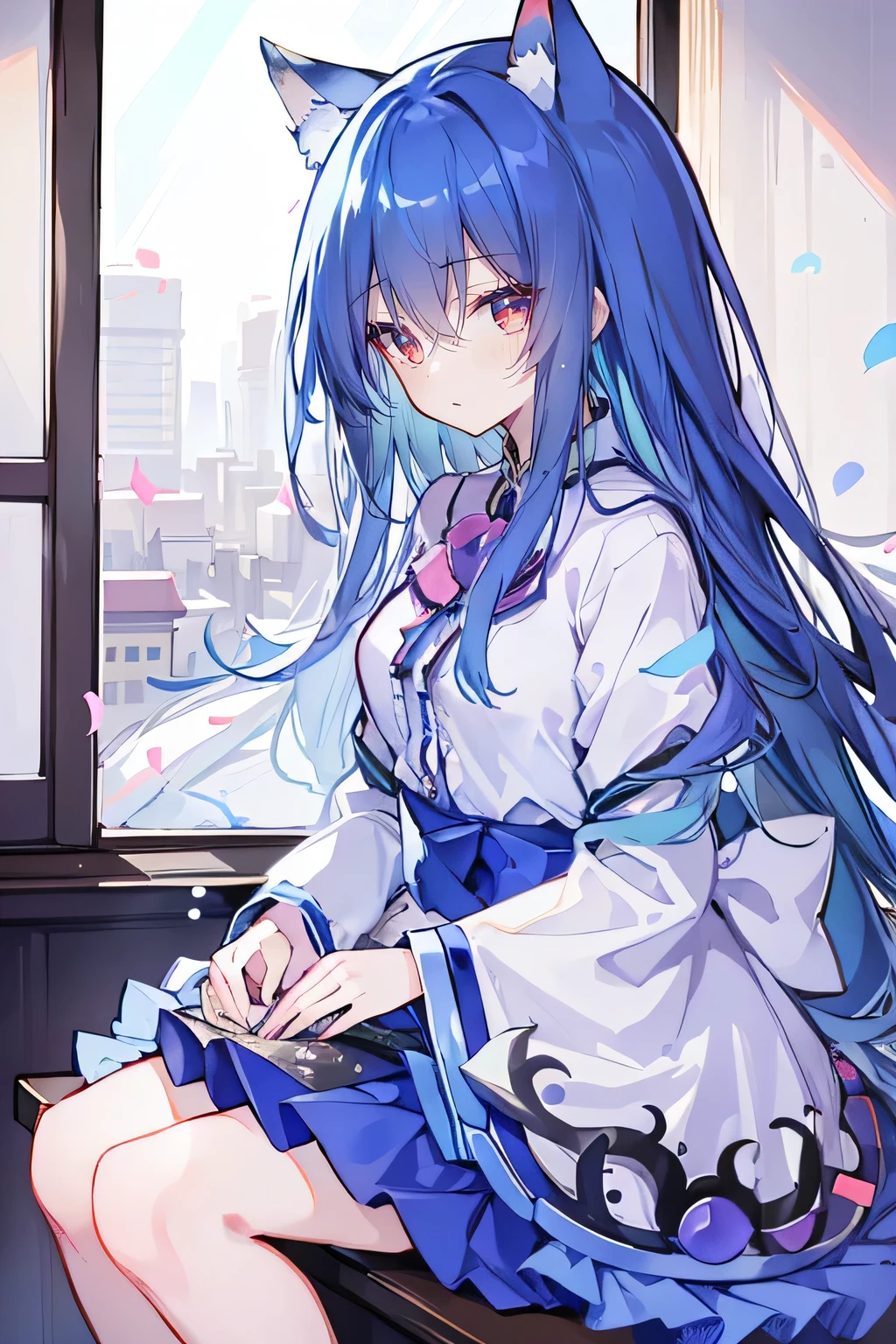 (Masterpiece:1.2)，Ultra-detailed，lifelike，The eyes are expressive，Fair skin，Perfect face shape，1 girl，Japanese Manga，Gorgeous blue hair，Flowing blue hair，Flowing clothes，Cat ears，Petals falling，Smile，Tokyo background，background，heavy snow，winter.Highest quality，perfect face，sitting on window sill drinking coffee and looking out the window.