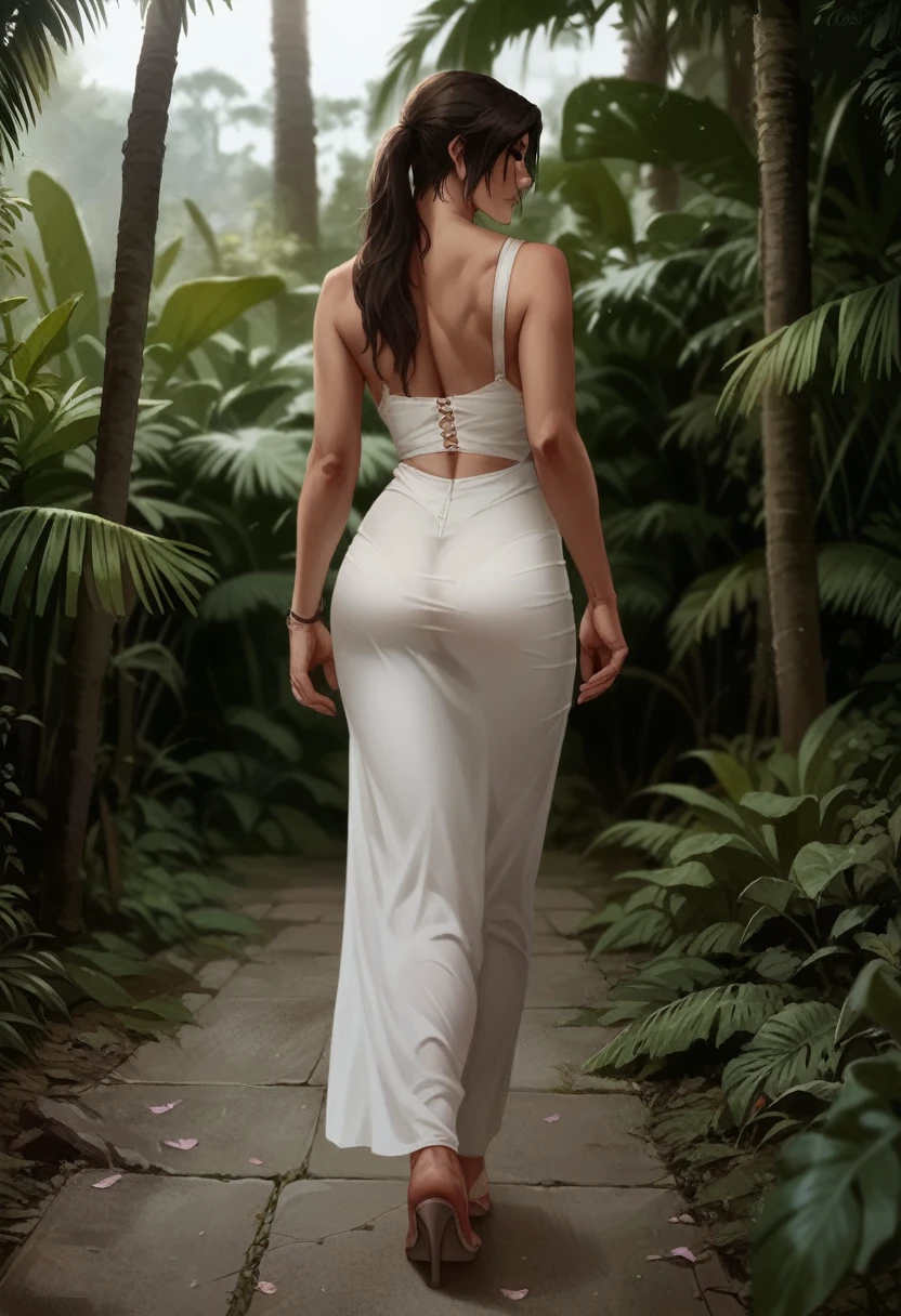 Semi naked Lara croft from shadow of the tomb raider in a sexy wedding dress in a jungle ,full body view