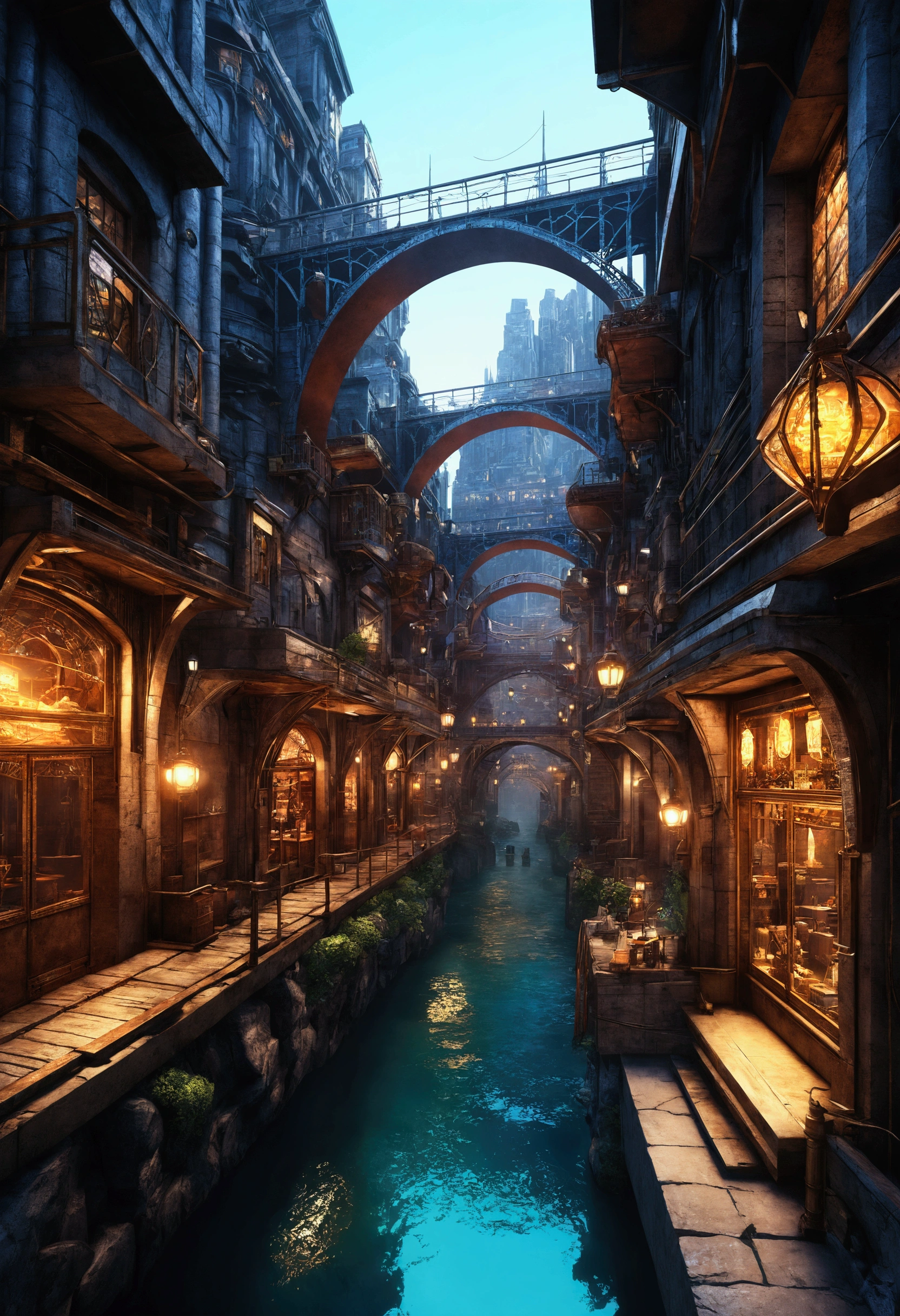 ((masterpiece)),((Highest quality)),((detailsまでこだわった)),((reality的,)) City, There is a deep canyon in the middle, Architecture Street, Bazaar, bridge, gem, steampunk, European architecture,Futuristic street, Cyberpunk atmosphere,neon,Real,reality,detailsまでReal,details,gem