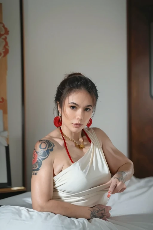 ((Best quality, Masterpiece)), Tattooed Chinese woman ((38 years old)) messy hair, ((Nude)), Necklace, Earrings, In the bed, ((big breasts)), curvy, Hyper-realistic) perfect body, detailed tattooed skin, Tattooed neck, Tattooed hands, details, 32k UHD,