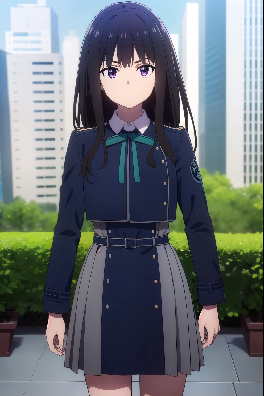 (masterpiece),( Highest quality), (High resolution), (unity 8k wallpaper), (figure:0.8), (Beautiful attention to detail:1.6), (Highly detailed face), (Perfect lighting), (Highly detailed CG), (Perfect hands, Perfect Anatomy), (Takina Inoue), Check it out, Long Hair, bangs, Black Hair, (Purple eyes:1.2),shirt, Long sleeve, dress, ribbon, , White shirt, Collared shirt, belt, neck ribbon, blue dress, green ribbon, pleated dress, grey dress, two-tone dress, blue belt, Uniform sake, Licorice Uniform, black high socks, loafers, outdoors, city, looking at viewer, Cowboy Shot