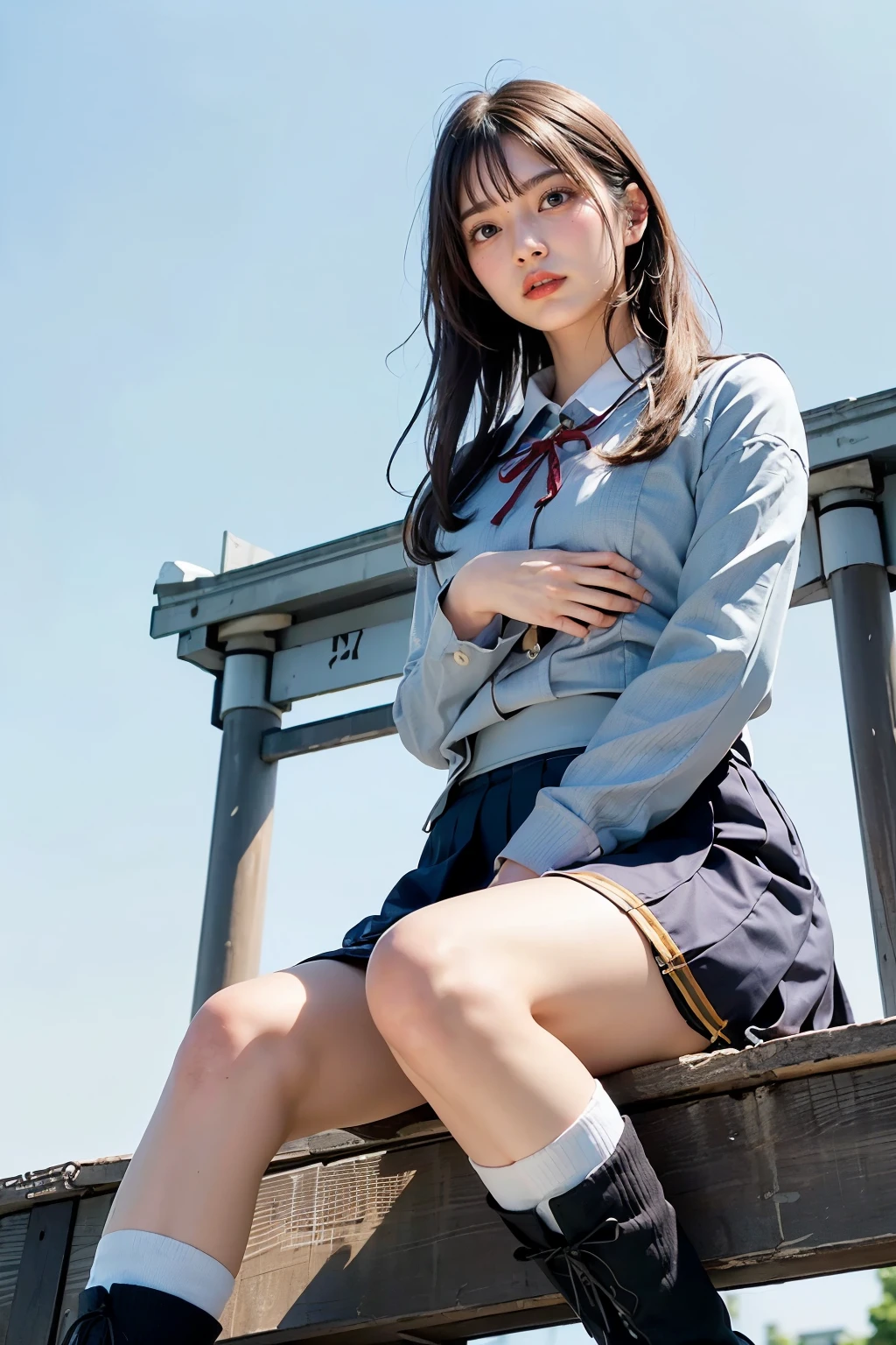 Masterpiece, bokeh, (Beautiful face), (Detailed face), (Perfect hands), (Japanese idle:1.6), (school uniform:1.3), (Sitting top of tower:1.3),( Large Bridge construction site:1.3), (Blushed face:1.3), working boots, (From below:1.5), 