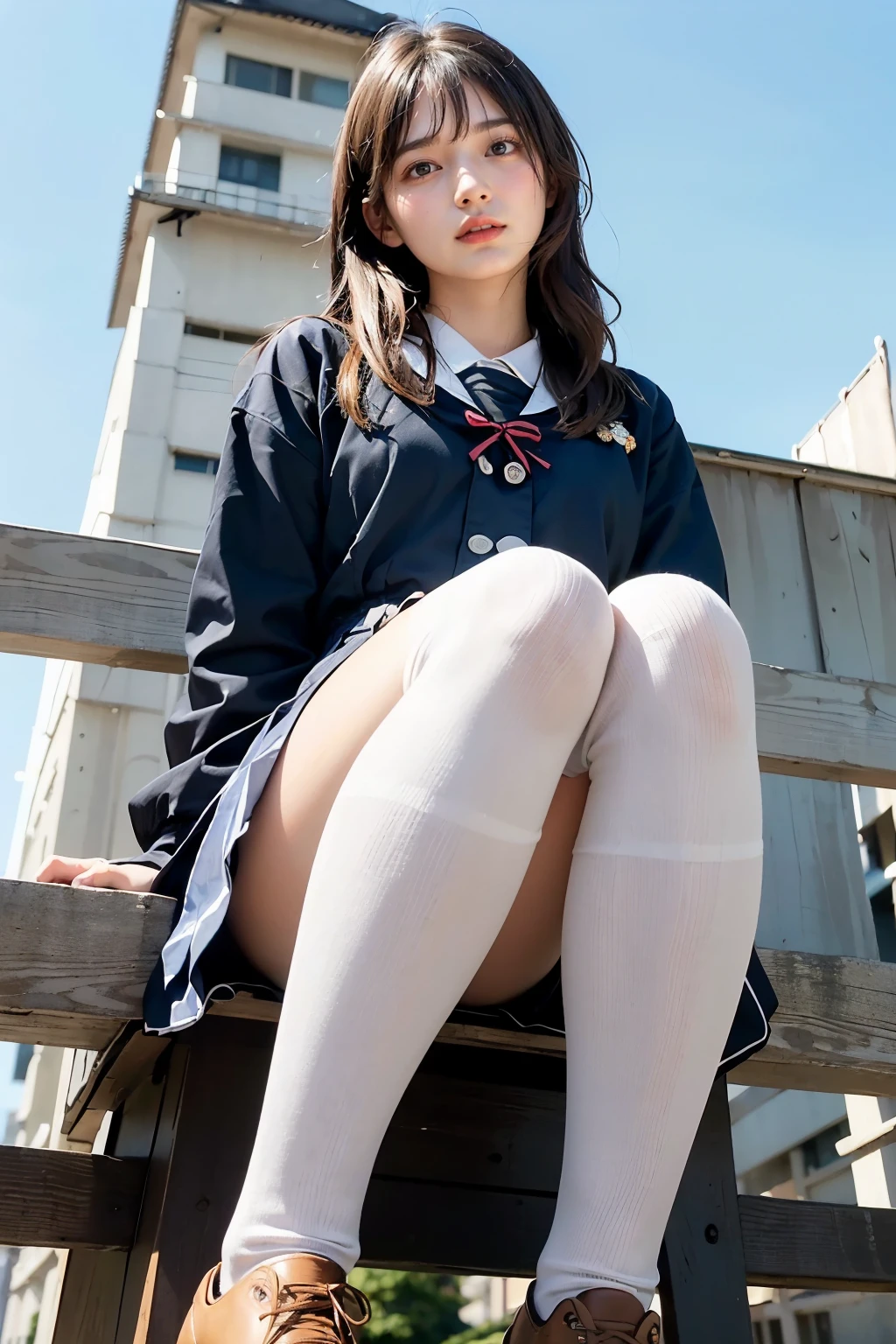 Masterpiece, bokeh, (Beautiful face), (Detailed face), (Perfect hands), (Japanese idle:1.6), (school uniform:1.3), (Sitting top of tower:1.3),( Large Bridge construction site:1.3), (Blushed face:1.3), working boots, (From below:1.5),