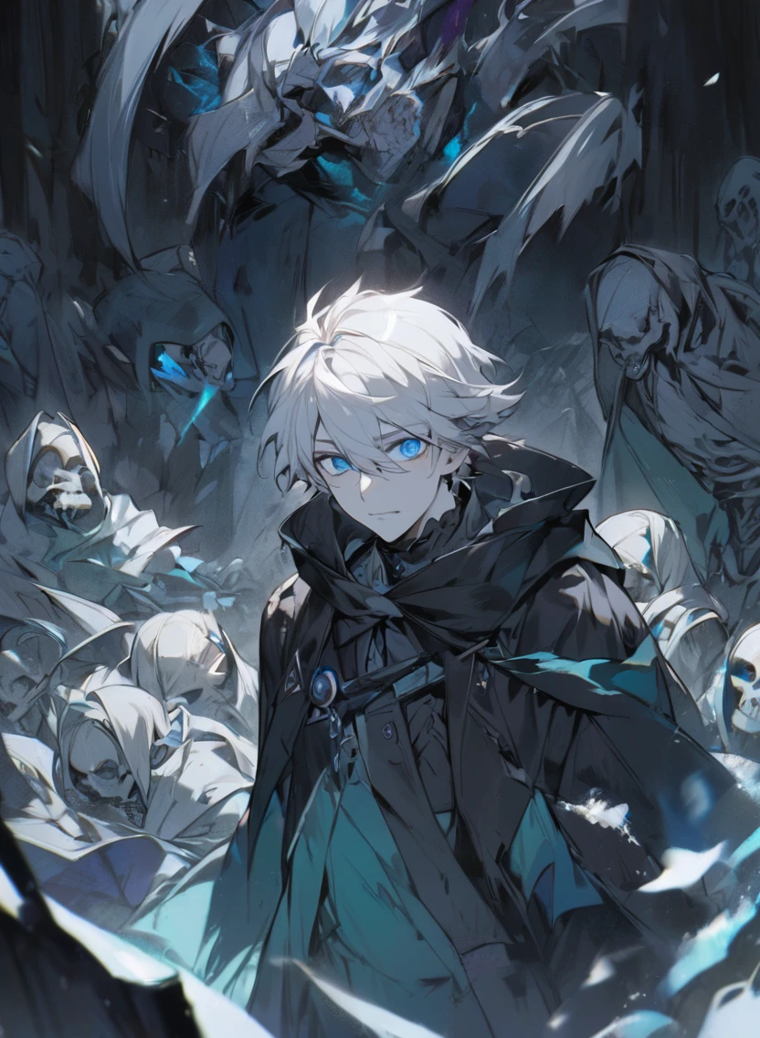 young man ,Male Dark, dark Woods, cold colors, man white hair with blue eye, Warlock dnd , Skeleton army in background, calm face expression