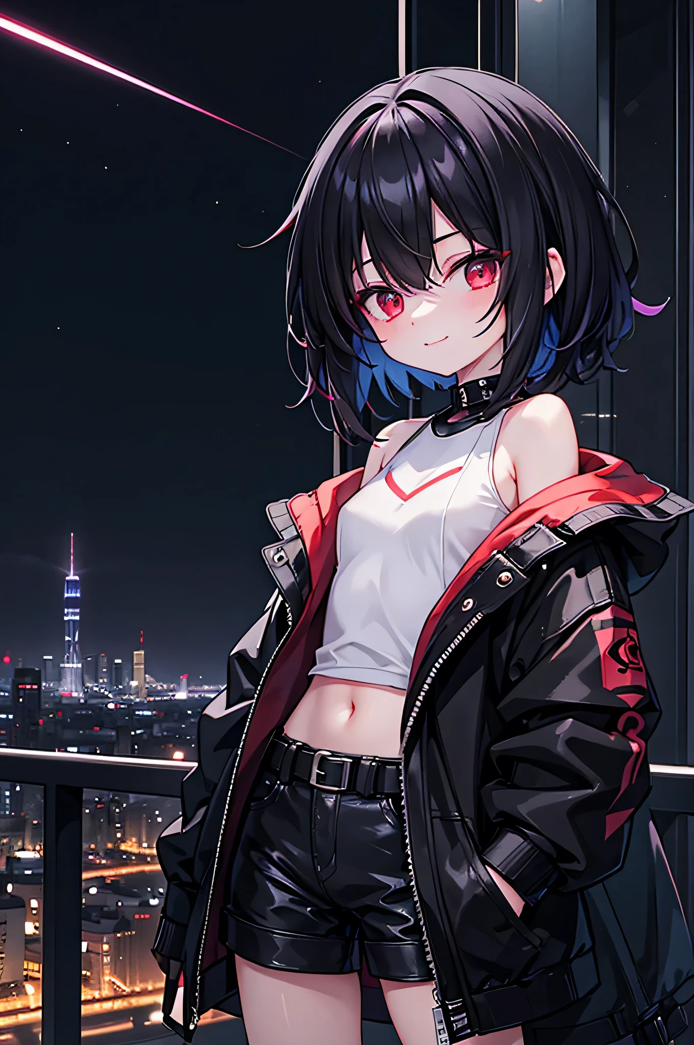 (masterpiece), cyber punk, city, night, Neon Light, city lights, One girl, Black hair, white base with red inner, short hair,Red Eye,hair ornaments,Around ,smile,He has taken off his jacket and is exposing his shoulders.