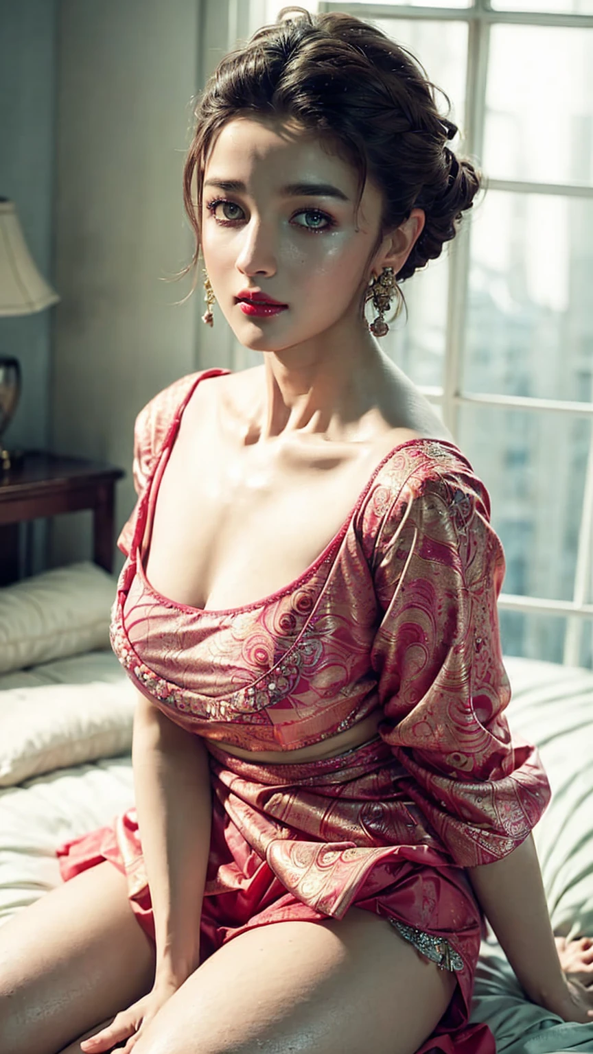 perfect pink eyes, fantastic face, Indian, beautiful look, ((red lips, bright eyes, curve heir 1.5)), ((beautiful details very big breast )), (Straight round and ultra huge clevage, not sagging breast), A glorious gorgeous, glorious gorgeous face, pretty face, bright eyes, detailed elegant printed Blue blouse green saree, updo elegant hair, blurred gray tones background, ultra focus, face ilumined, face detailed, 8k resolution, painted, dry brush, brush strokes, razumov style and garmash style, by Tokaito, ((Full Open ))((kneeling in bed, pillows, bedsheet))((green pyjamas shorts, red tshirt))